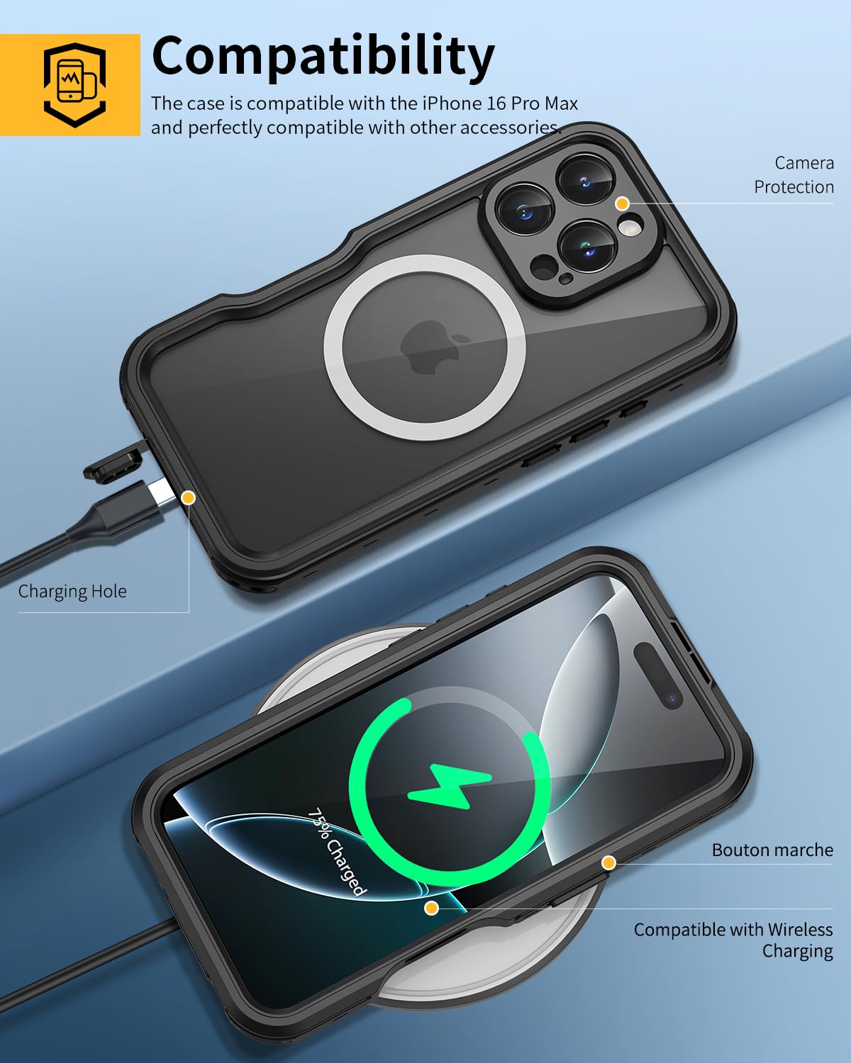 Lanhiem Etui na telefon komórkowy iPhone 16 Pro Max, wodoszczelne, IP68, z Magsafe, 360°, ekranowane magnetycznie, na zewnątrz, odporne na wstrząsy, z ochroną ekranu, czarne