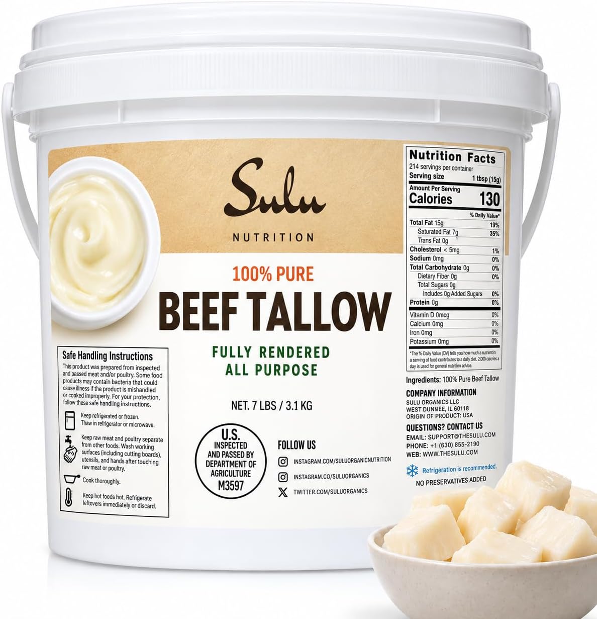 100% Pure Rendered NON GMO Beef Tallow-Food Grade- 7LBS