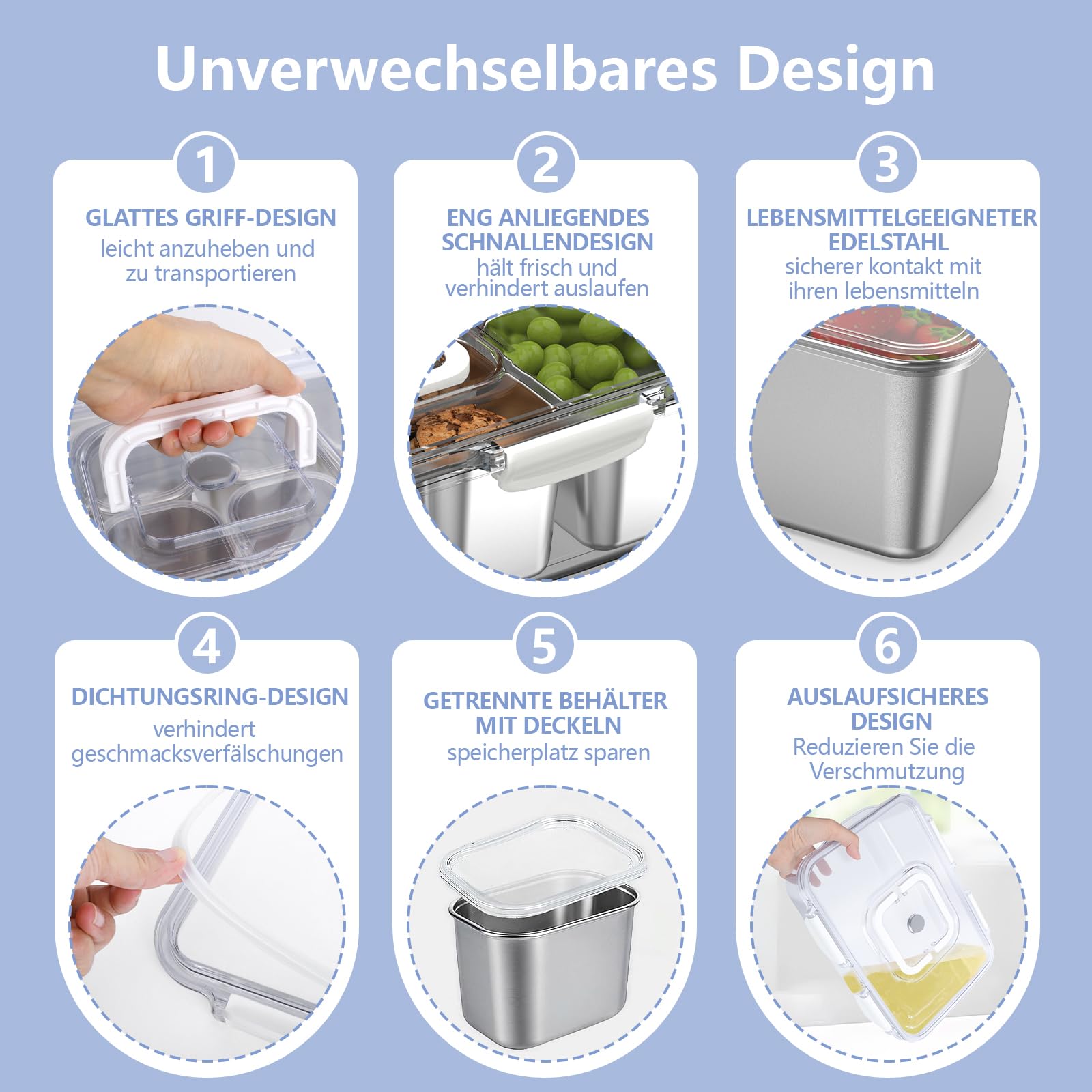 JINDUN Snackbox mit 8 Edelstahl Fächern, Snackteller mit Griff und Deckeln
