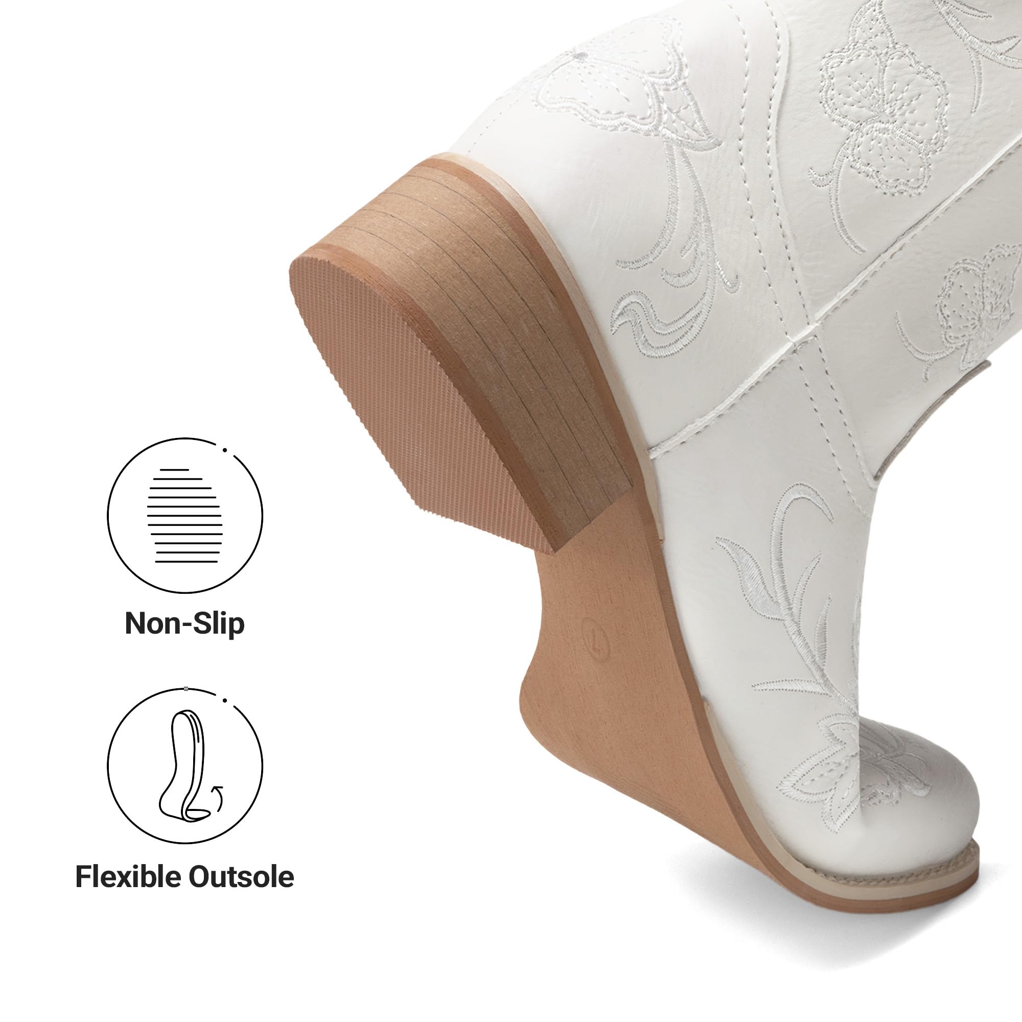 DREAM PAIRS Stivali da cowboy da donna con punta quadrata ricamata, tacco basso grosso, stile western, per festival di musica country, feste a tema e concerti, bianco, 41 EU
