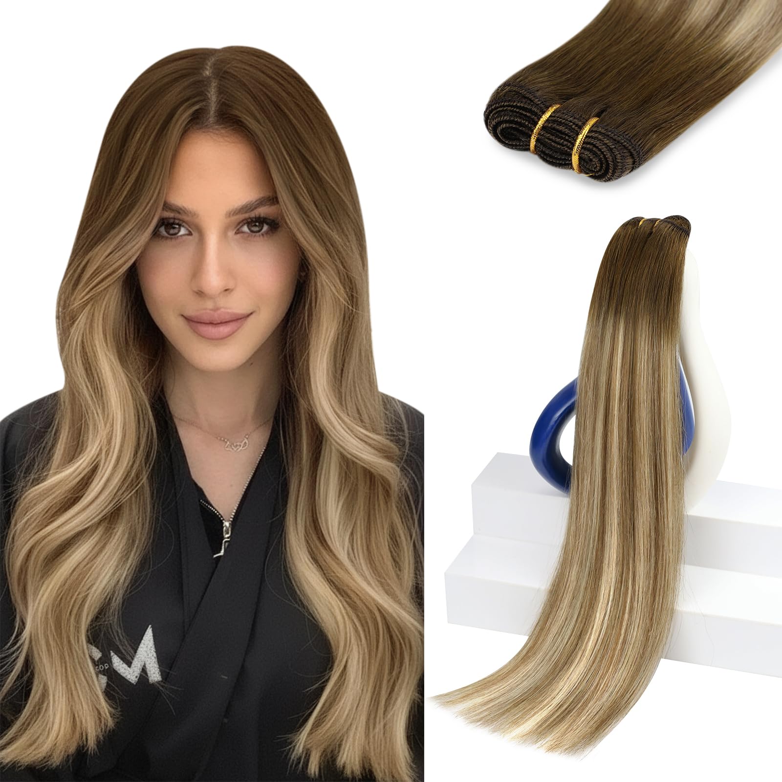 Sunny Hair Weft Hair Extensions Human Hair 18 Inch Sew in Hand-Tied Dark Brown Ombre Light Brown to Blonde Long Double-Wefted Bundles for Party