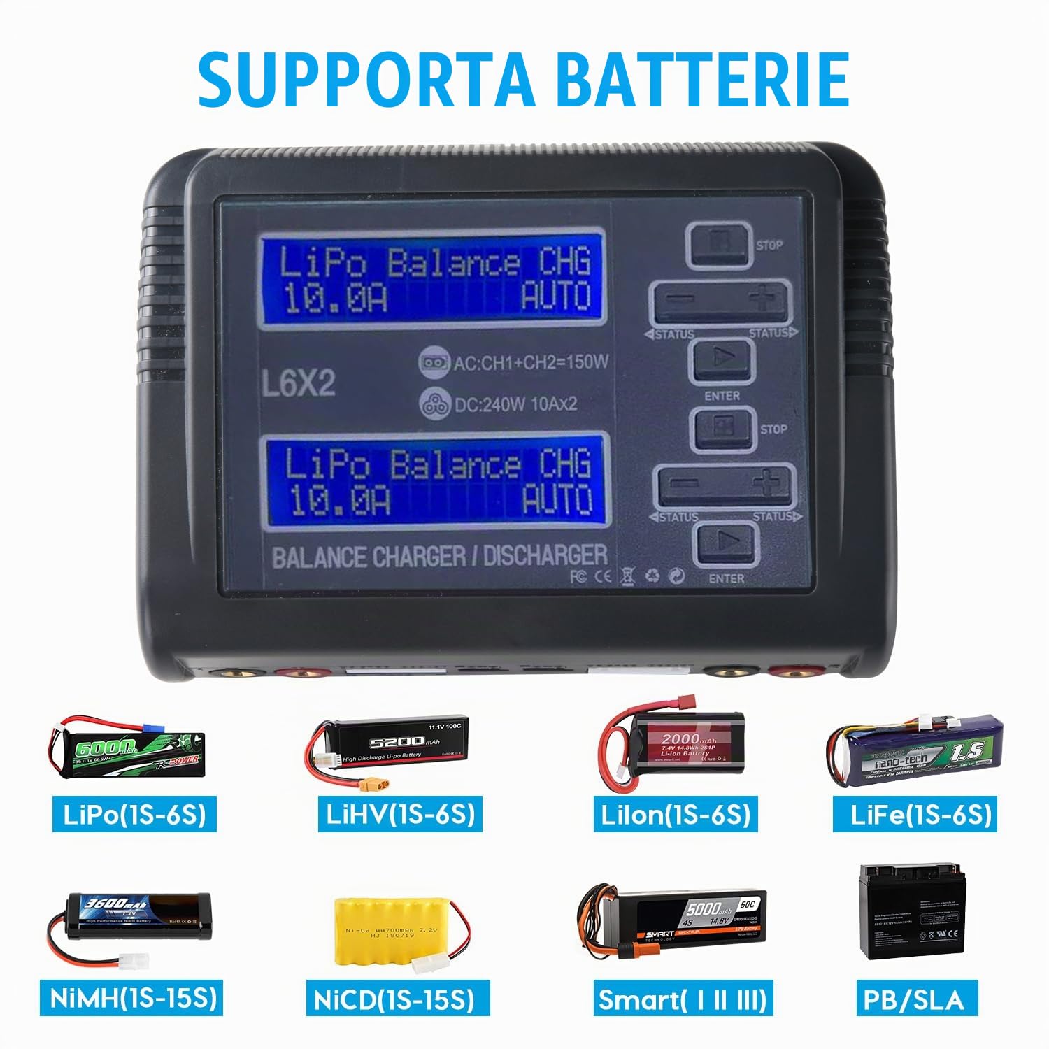 Caricatore di bilanciamento della Batteria Lipo Caricatore RC Ingresso CA/CC Due Porte di Ricarica Potenza di Ricarica Regolabile Compatibile con batterie LiPo 1-6S per Drone per Auto RC 1/10
