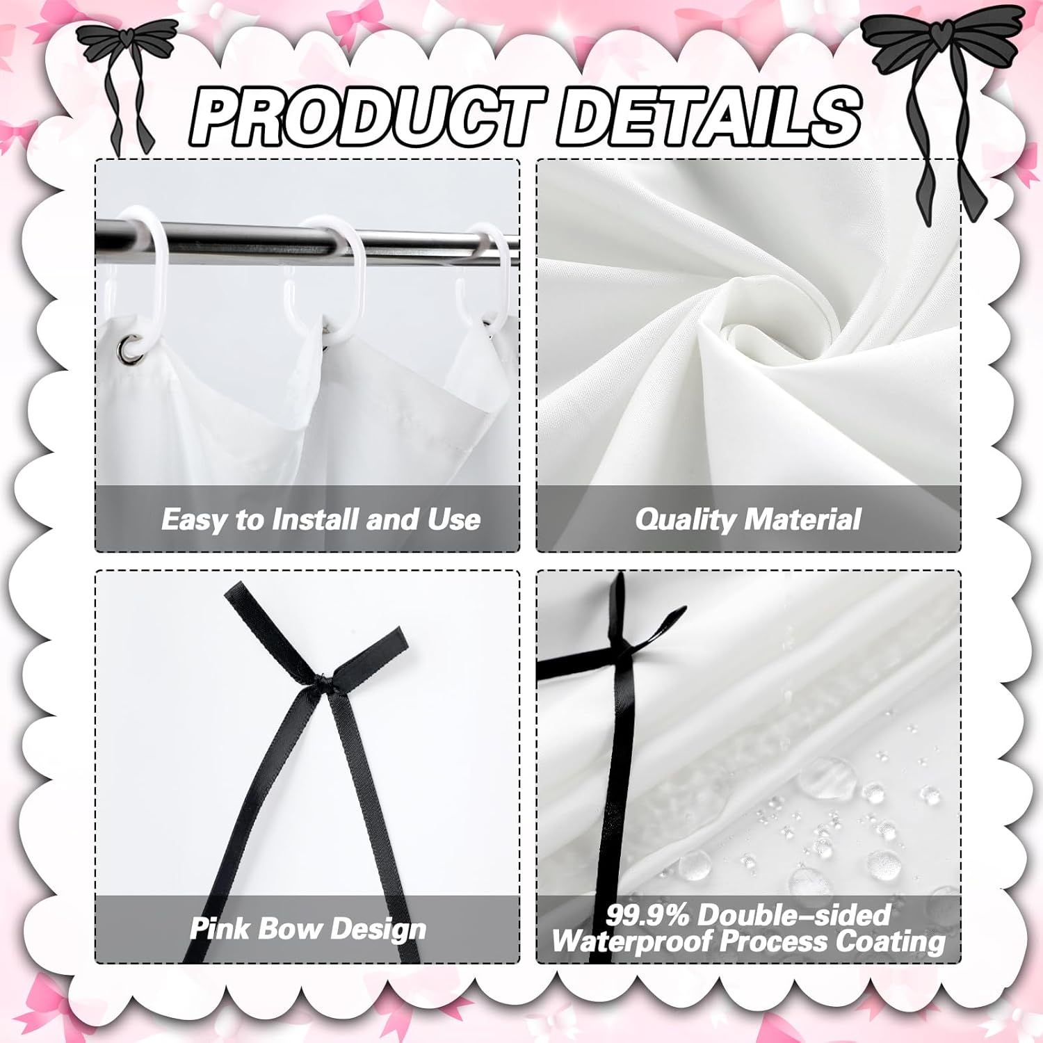 SmoothNovelty White Shower Curtain with Bow Bathroom Decor Cute Scalloped Bath Curtain Bowknot Waterproof Aesthetic Bathroom Decor for Valentine's Day Women Girls
