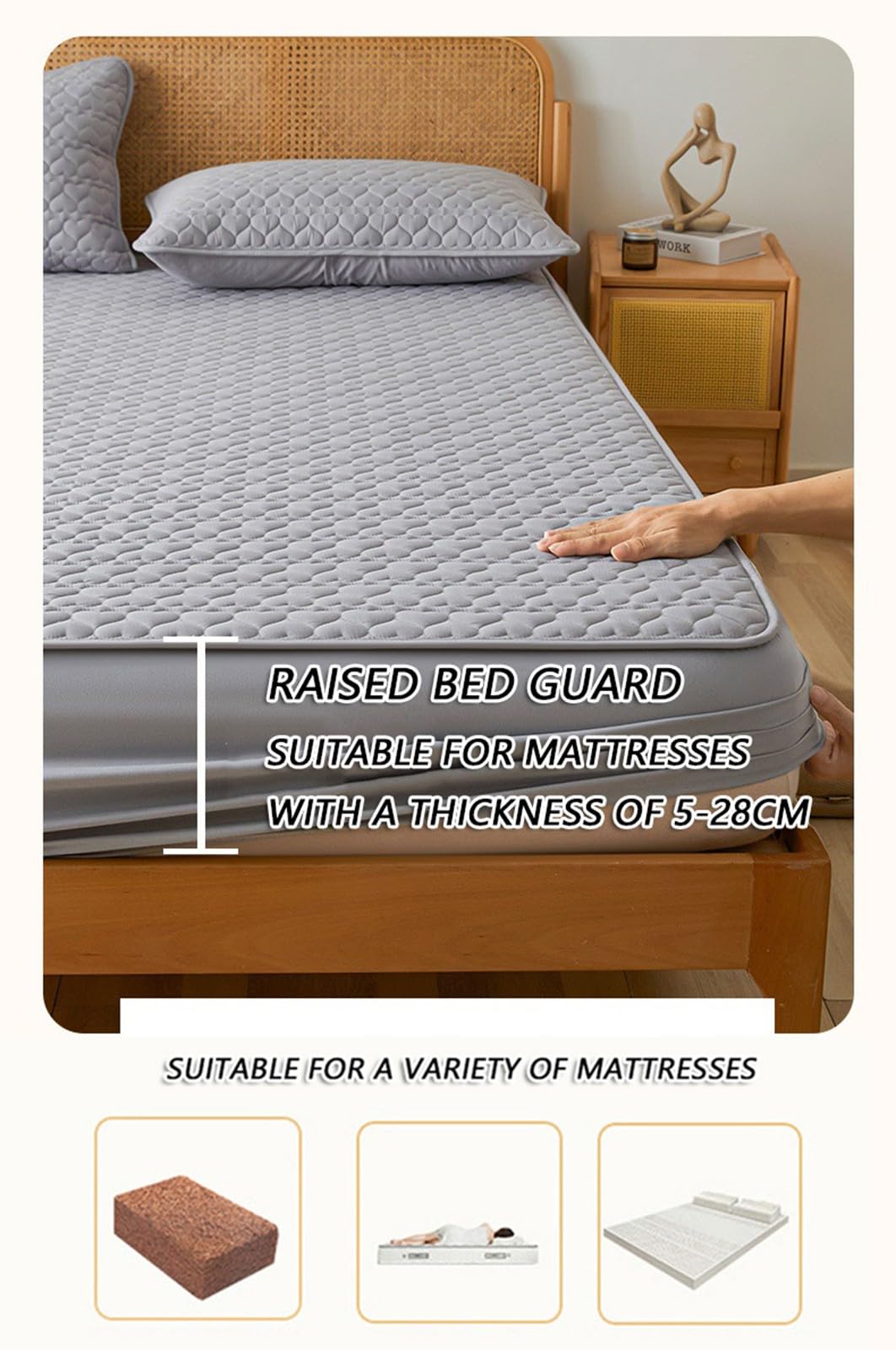 Gesteppter Matratzenschoner,Wasserdichtes Spannbettlaken,Leichter Komfortabler Matratzenbezug,Rutschfester Matratzenschoner für Vier Jahreszeiten für Schlafzimmer Wohnungen(Gray 2,200x220cm)