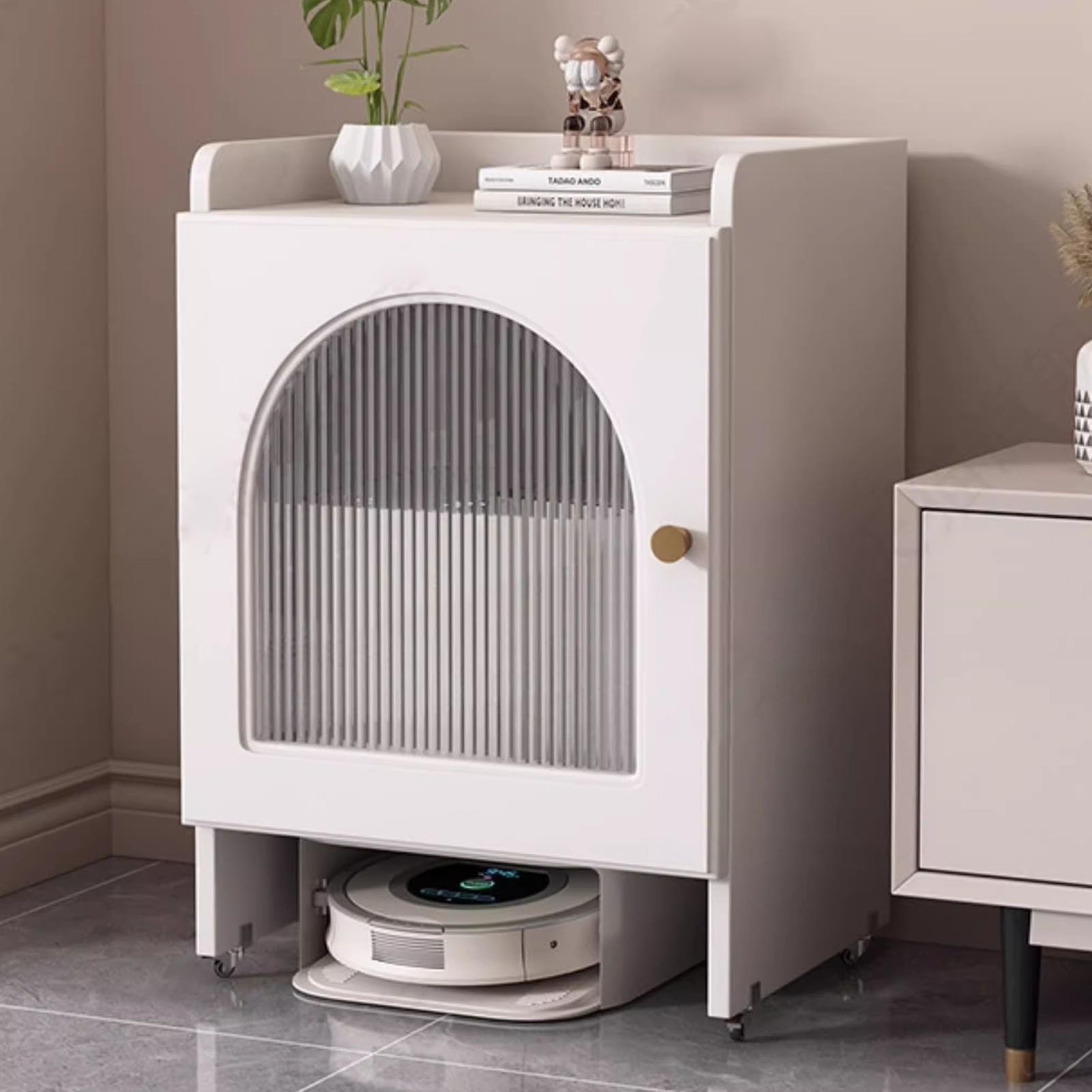 Meuble de rangement dissimulé pour aspirateur robot sur roulettes blanc