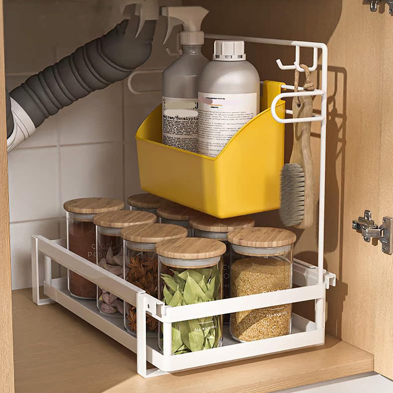 Spülschrank Organizer: 2-stufiger Auszug, Höhenverstellbarer Ausziehschrank-Organizer, Schubladen, Küche & Bad, Metall-Küchen Organizer(White)