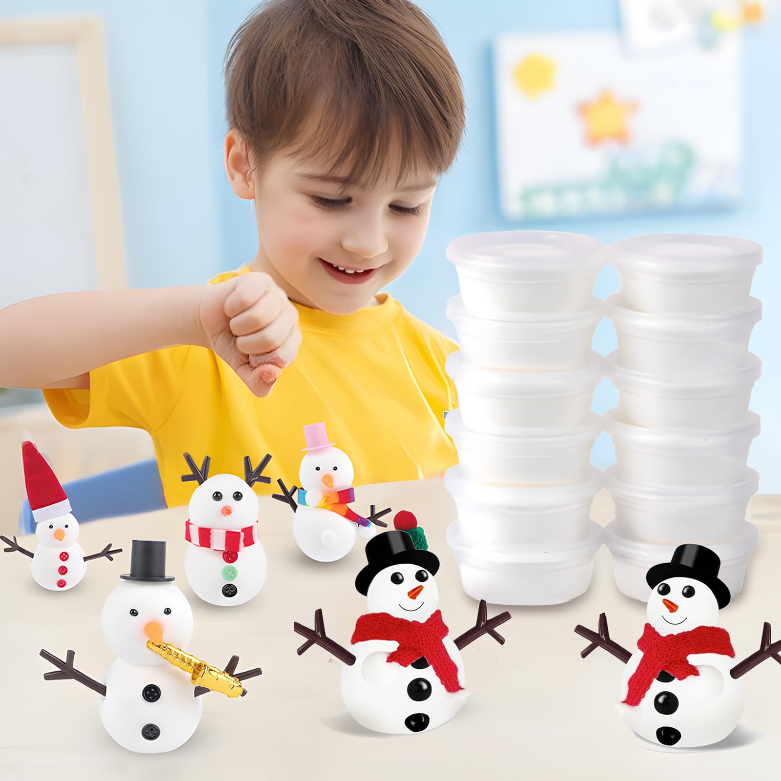 Vestamore Kit DIY de pâte à modeler bonhomme de neige de Noël, lot de 12, set pour fabriquer un bonhomme de neige, avec pâte à modeler et accessoires, cadeau de Noël, petite surprise pour chaussette