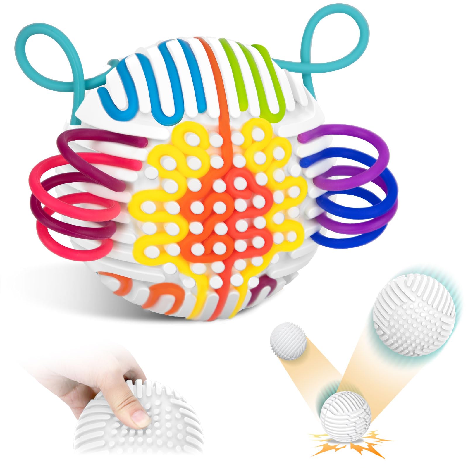 ddLUCK Full Silicone Sensory Activity Ball, Fidget Toys for Autism, ADHD, Stress & Anxiety Relief, 10 Colors Silent Calming Travel Play Fidgets Toy Balls for Kids 3+ with 20 Strings (White)