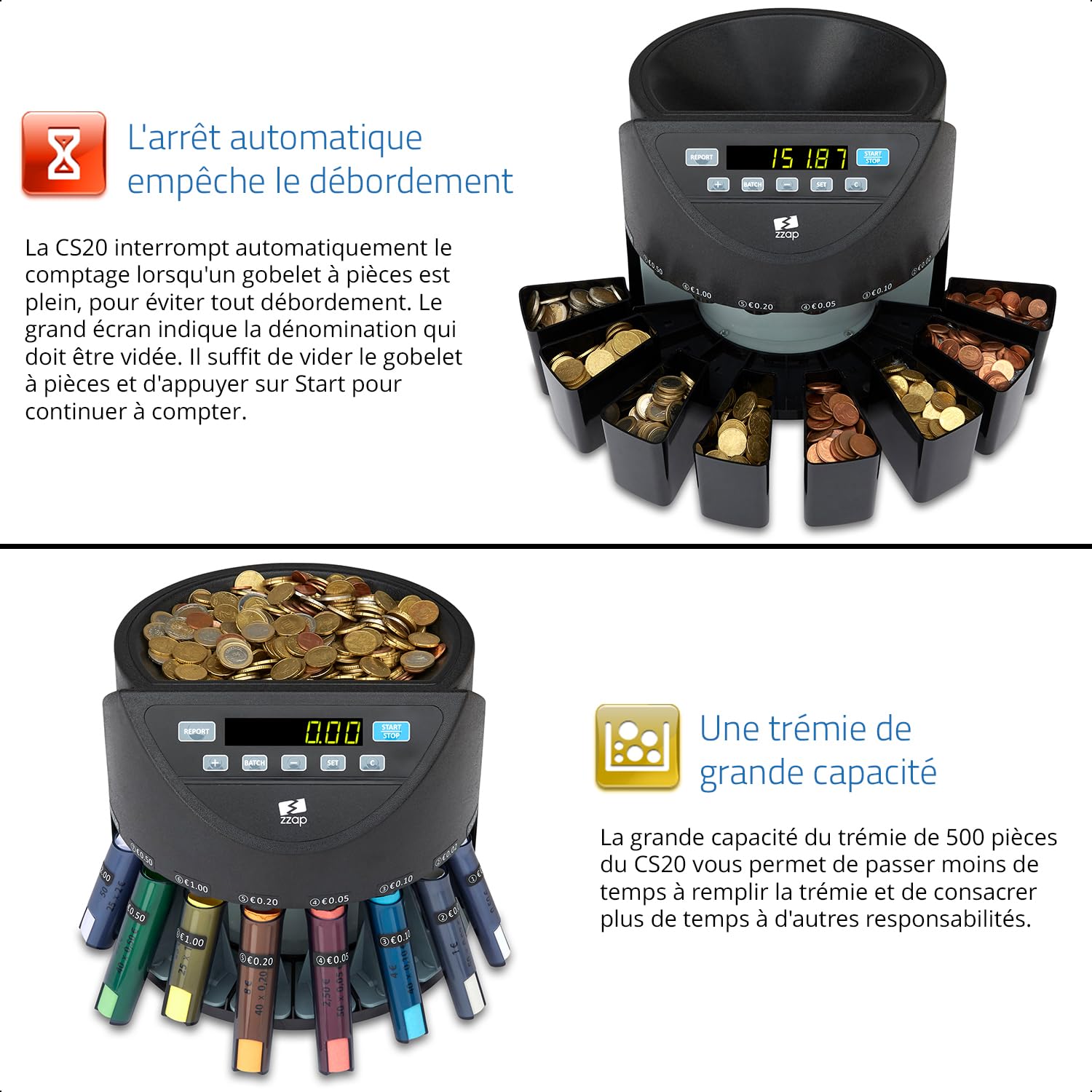 ZZap CS20 - Compteuse et Trieuse Automatique de Pièces EURO Machine de Comptage de Monnaie. Compteuse de Pièces avec Tubes de Tri