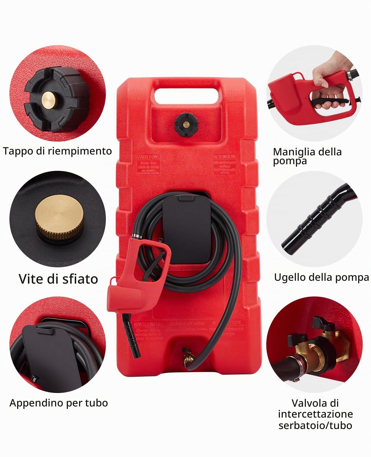Serbatoio carburante portatile 57L con pompa a sifone manuale – tubo da 3 m e ugello per benzina/diesel, portata 7,5 l/min – Robusto serbatoio con valvola di chiusura e trasferimento rapido (rosso)