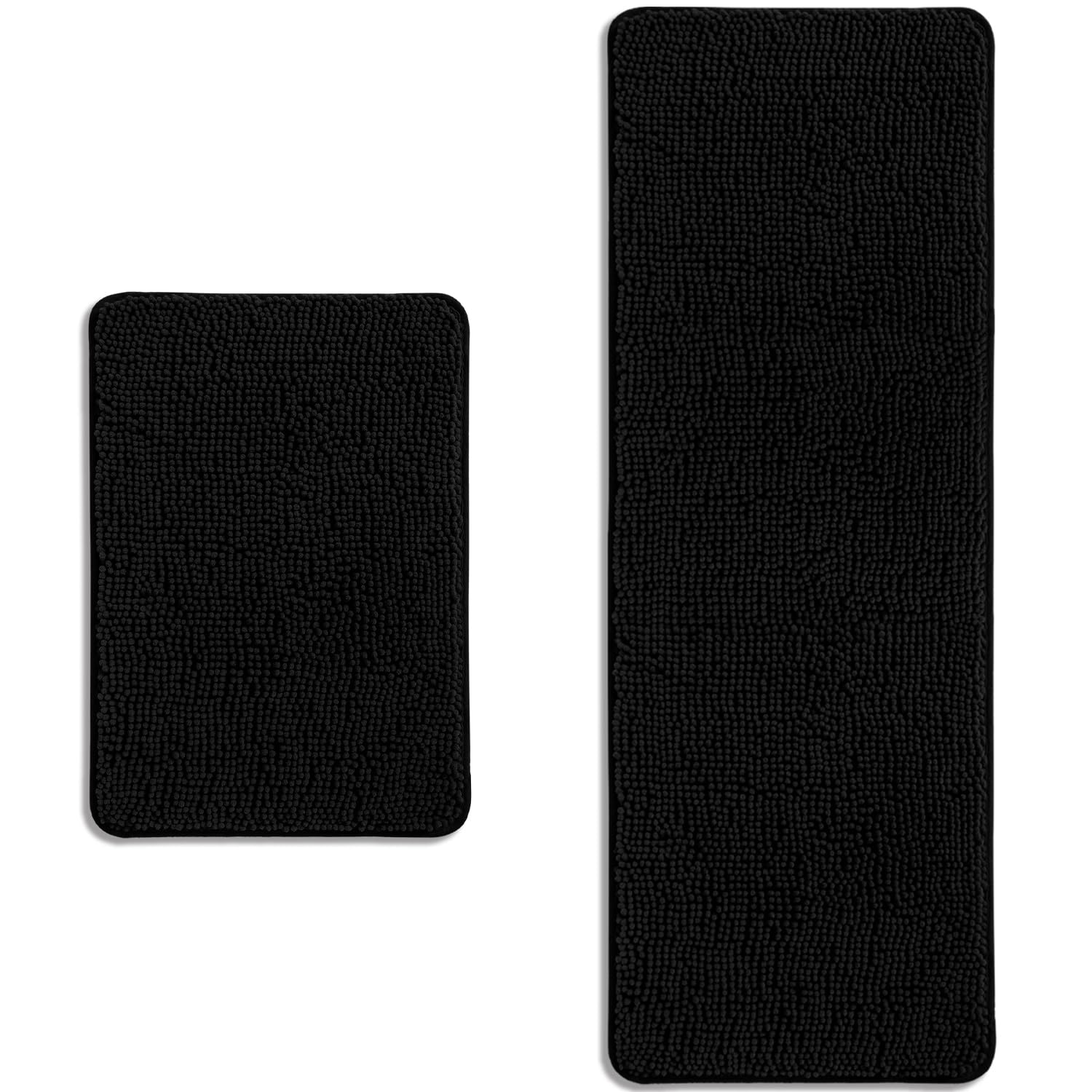 PureSwan Bathroom Rugs Sets 2 Piece – Absorbent and Washable Bath Mat, Non-Slip, Thick Soft Chenille Bath Rugs for Bathroom Floor, Shower, Sink(17" x 24"+17" x 47", Black)