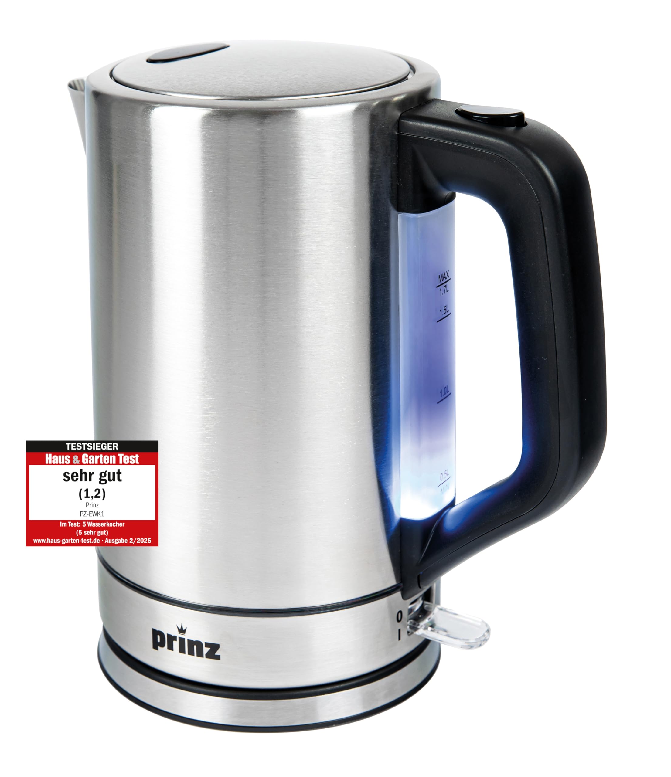 Prinz Edelstahl-Wasserkocher PZ-EWK1 – Testsieger Haus & Garten Test 02/2025 (Note 1,2 „Sehr gut“) – 1,7 L, 2200 W, automatische Abschaltung, Überhitzungsschutz, 360° drehbar, pflegeleichtes Design