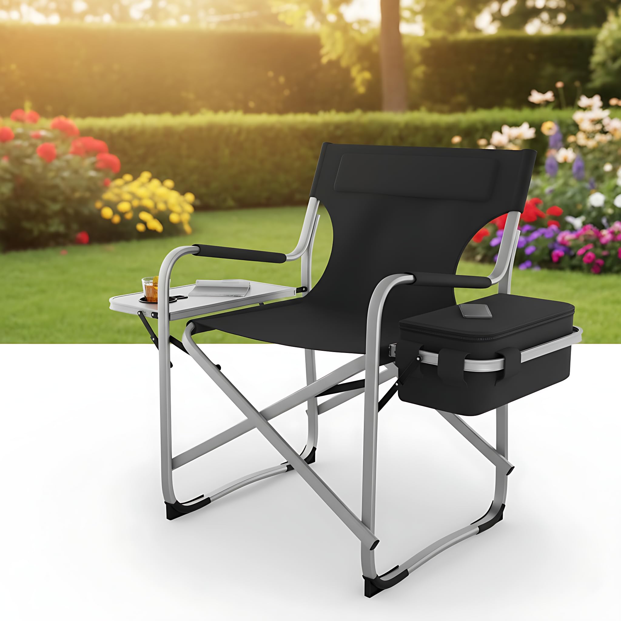 Onbest Campingstuhl mit extra Kühlfach, Klapptisch & Getränkehalter – faltbar – bequem gepolstert – bis 150 kg belastbar – Klappstuhl kompakt & leicht mit Tasche – Faltstuhl in 2 Farben (Schwarz)