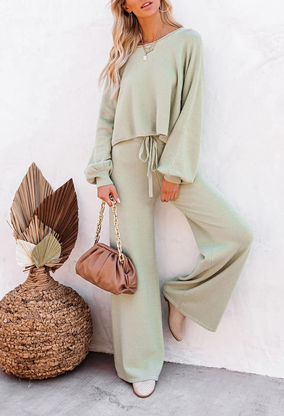 Sovoyontee Set da donna, 2 pezzi, loungewear a maniche lunghe, con pantaloni larghi