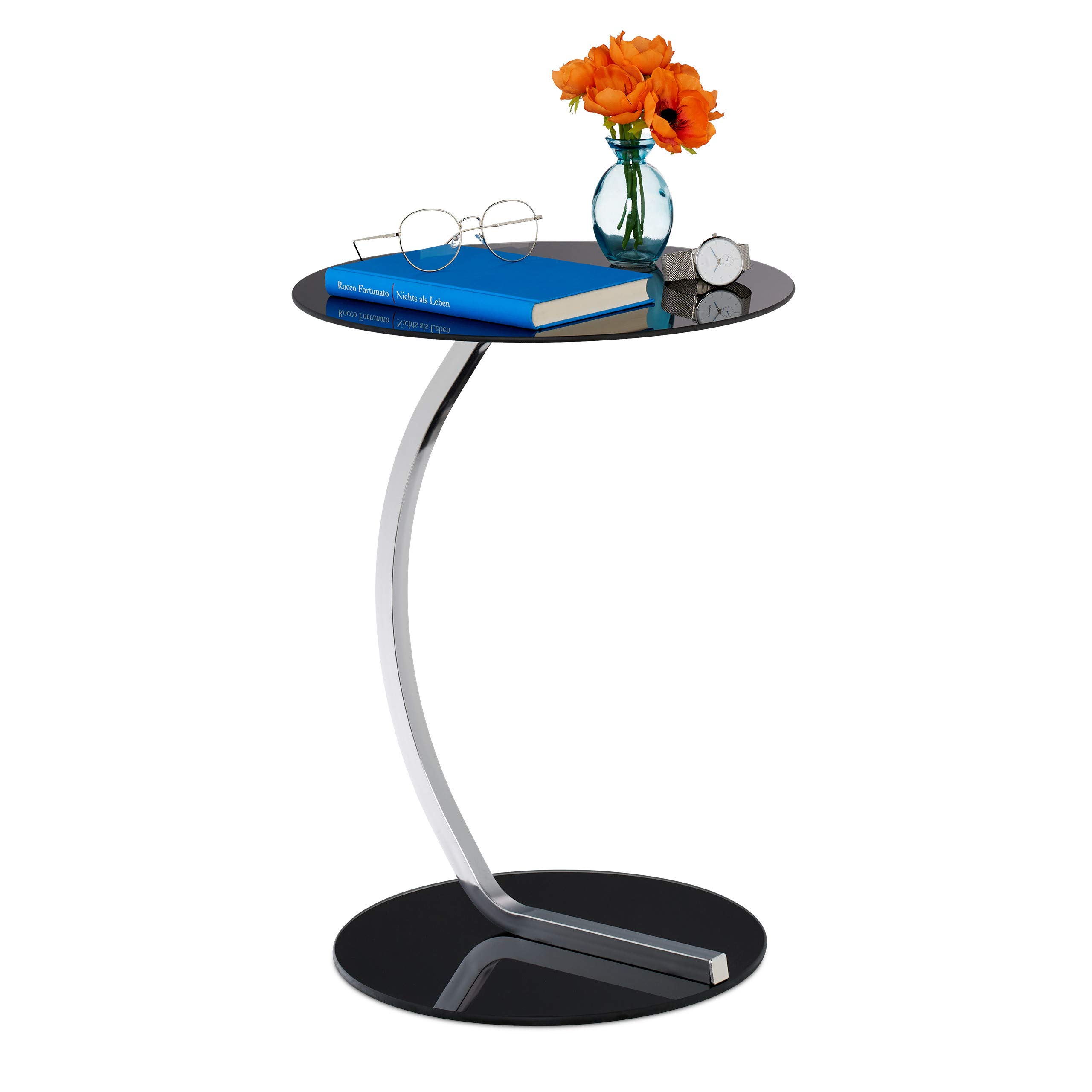 Relaxdays Tavolino, Rotondo, Tavolo per Salotto, da Divano, Design Moderno, Vetro e Acciaio, H x D: 55 x 40 cm, Nero
