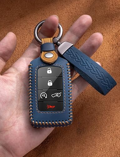 Miniatura 3 de YINEOR Funda de cuero para llavero de Jeep, protector de llavero inteligente compatible con Jeep Grand Cherokee L Grand Wagoneer 2021-2023 (azul)