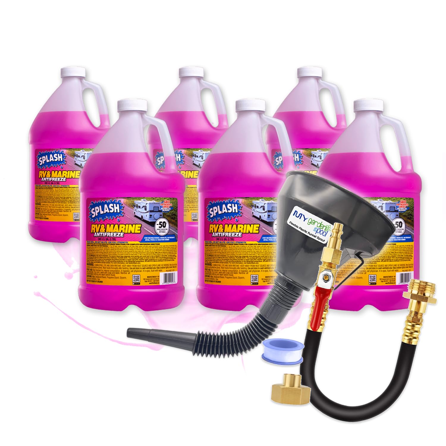 My Garden Pool Splash RV & Marine -50°F Antifreeze Set Flexible Plastic Funnel Spout and Sprinkler Blowout Adapter, Shut Off Valve - for Winterizing RV, Camper, Boat, Motorhome Systems (6)