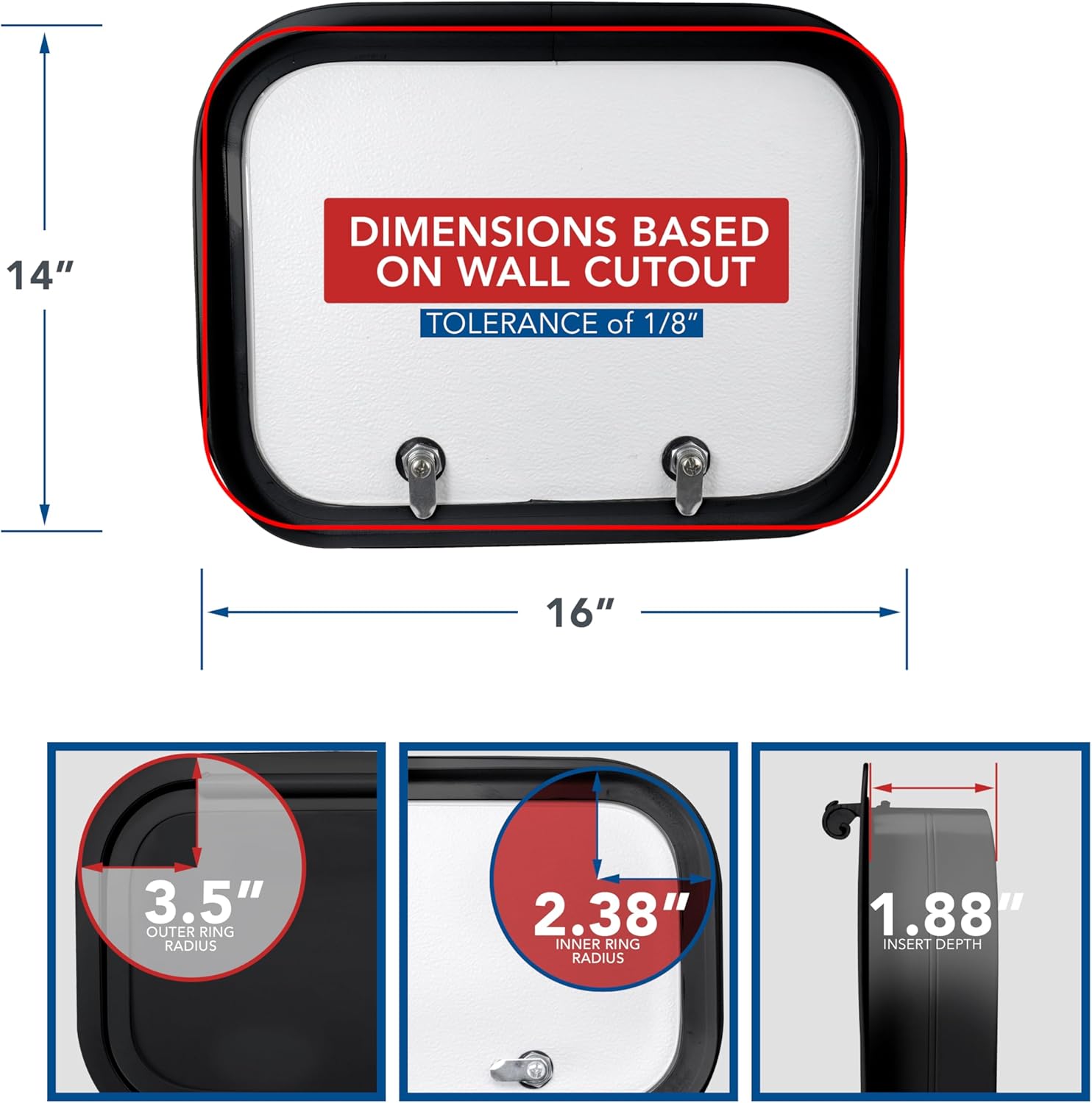 RV Baggage Door 16" Wide X 14" High with Rounded Corners and Thumblocks for RV's- Compartment Access Storage Doors with Top Hinge- Camper Trailer Motor Home- Black