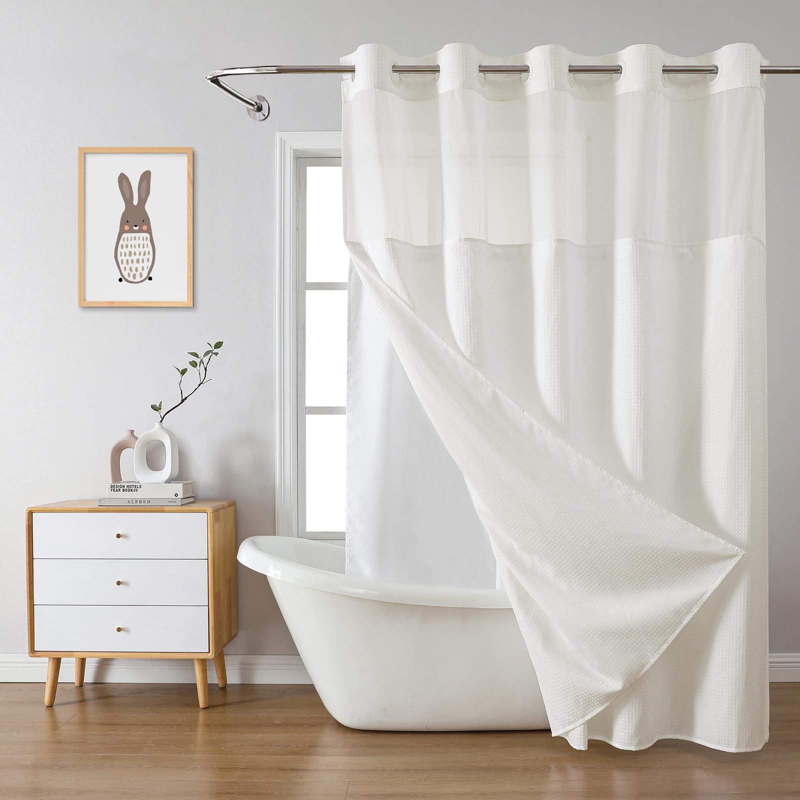 Photo 1 of eachope Cream Long No Hook Waffle Weave Shower Curtain with snap-in Liner Replacement, 230GSM Waterproof Fabric Hotel Shower Curtain Set for Bathroom, Through Mesh Top Window,71Wx80H