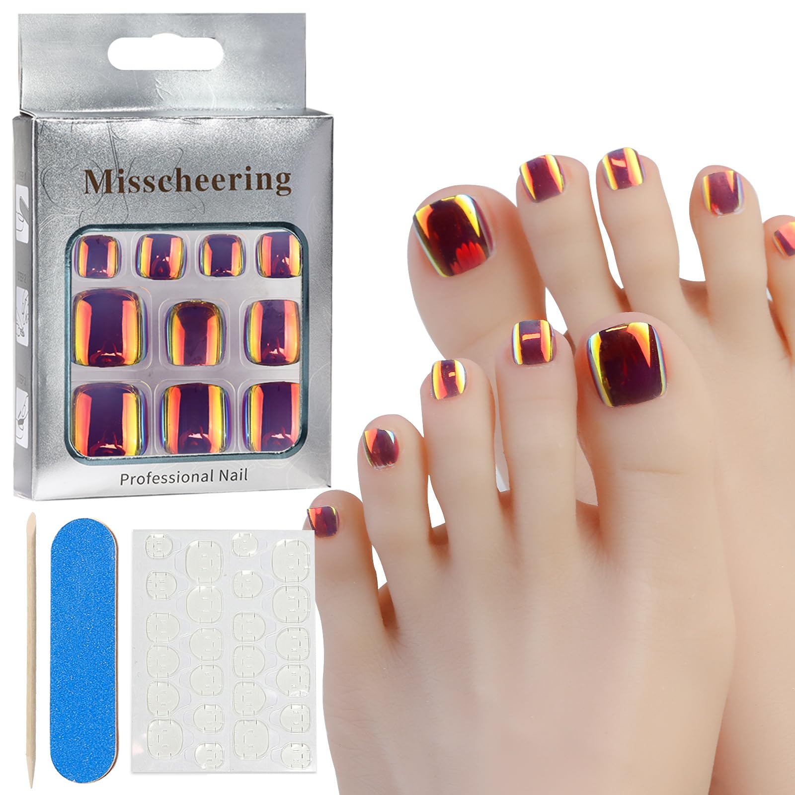 Press on Toenails 3 Pack (72 PCS), Square Full Cover Fake Toenails, for Women Glossy Shiny Colorful Fashion Fake Toenail, Acrylic Foot Nails Design, Color: Red, Blue, Shinning Pink
