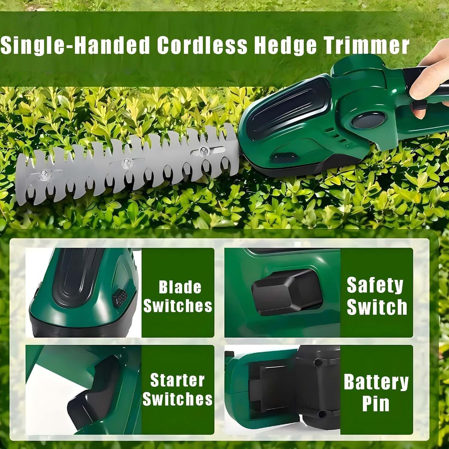 Mini Hedge Trimmer, Cordless Grass Shears, 90° Rotatable Handle,with 22cm Length Lawn Scissors and 13cm Width Lawn Scissors