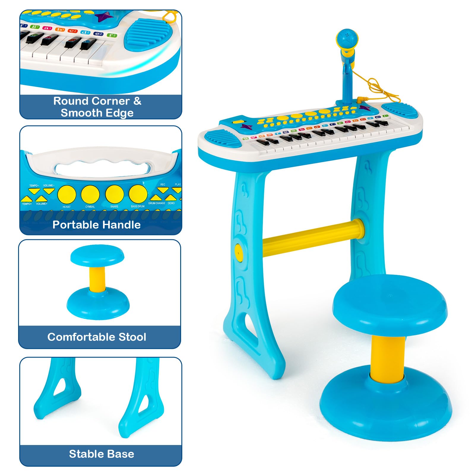 KOMFOTTEU Pianola Bambini Musicale Tastiera, Tastiera Digitale a 31 Tasti, Mini Tastiera per Bambini con Effetti Luminosi e Microfono, Strumenti Musicali con Sgabello, 22 Battiti/8 Toni/7 Ritmi (Blu)