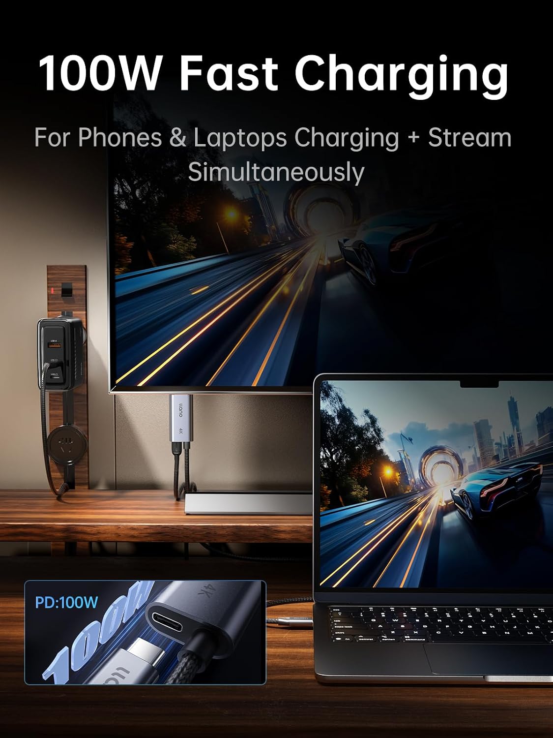 llano USB C to HDMI Cable with 100W PD Charging, 4K@60Hz 2-in-1 Unidirectional Adapter Thunderbolt 5/4/3 Compatible, for MacBook, iPhone 17 Pro Max, Steam Deck, Switch 2, iPad (6.6ft​ (2m))