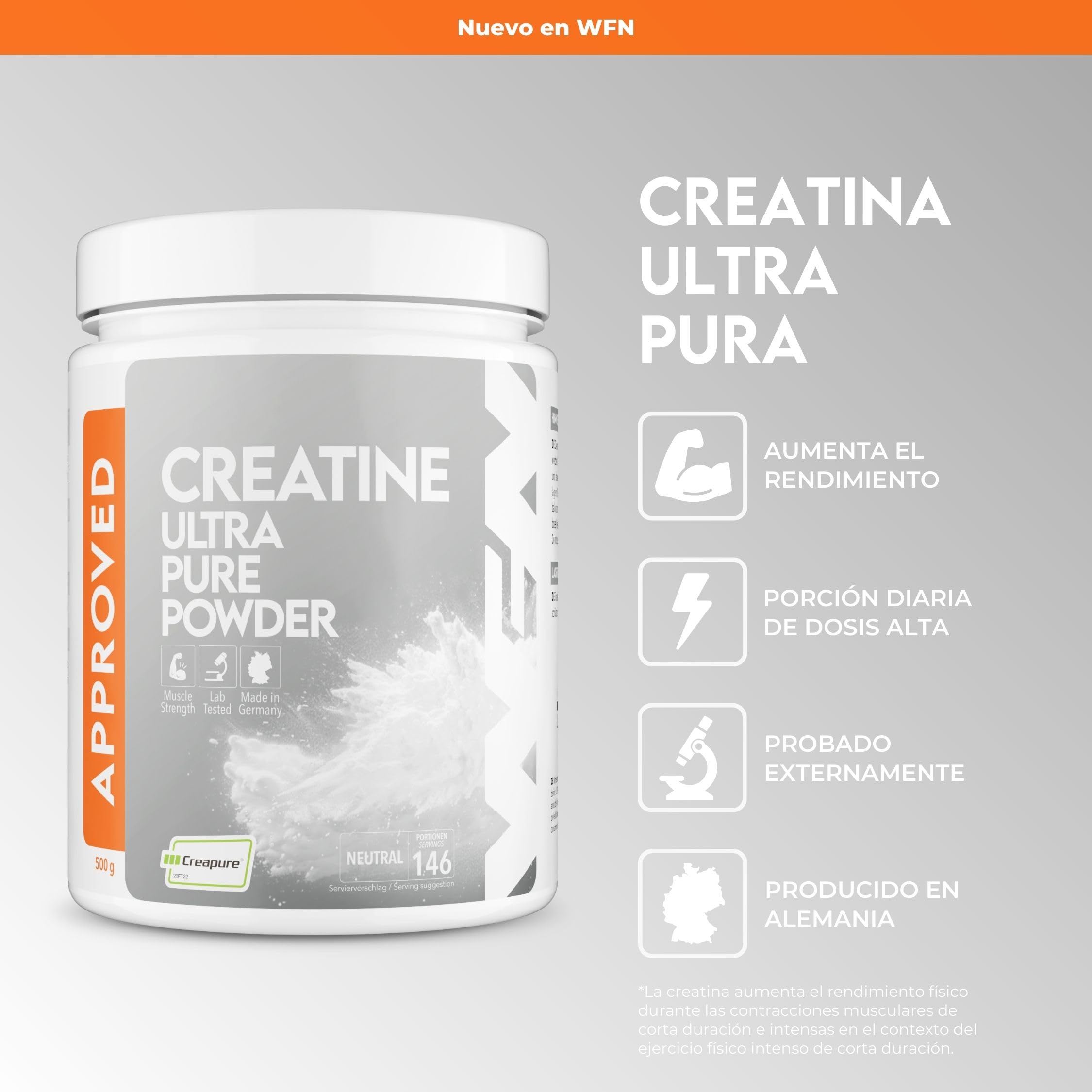 WFN Approved Creatine - Creatina Creapure - Neutro - 500 g - Creatina monohidratada - Polvo - Vegano – 146 Porciones - Fabricado en Alemania - Probado en laboratorio externo