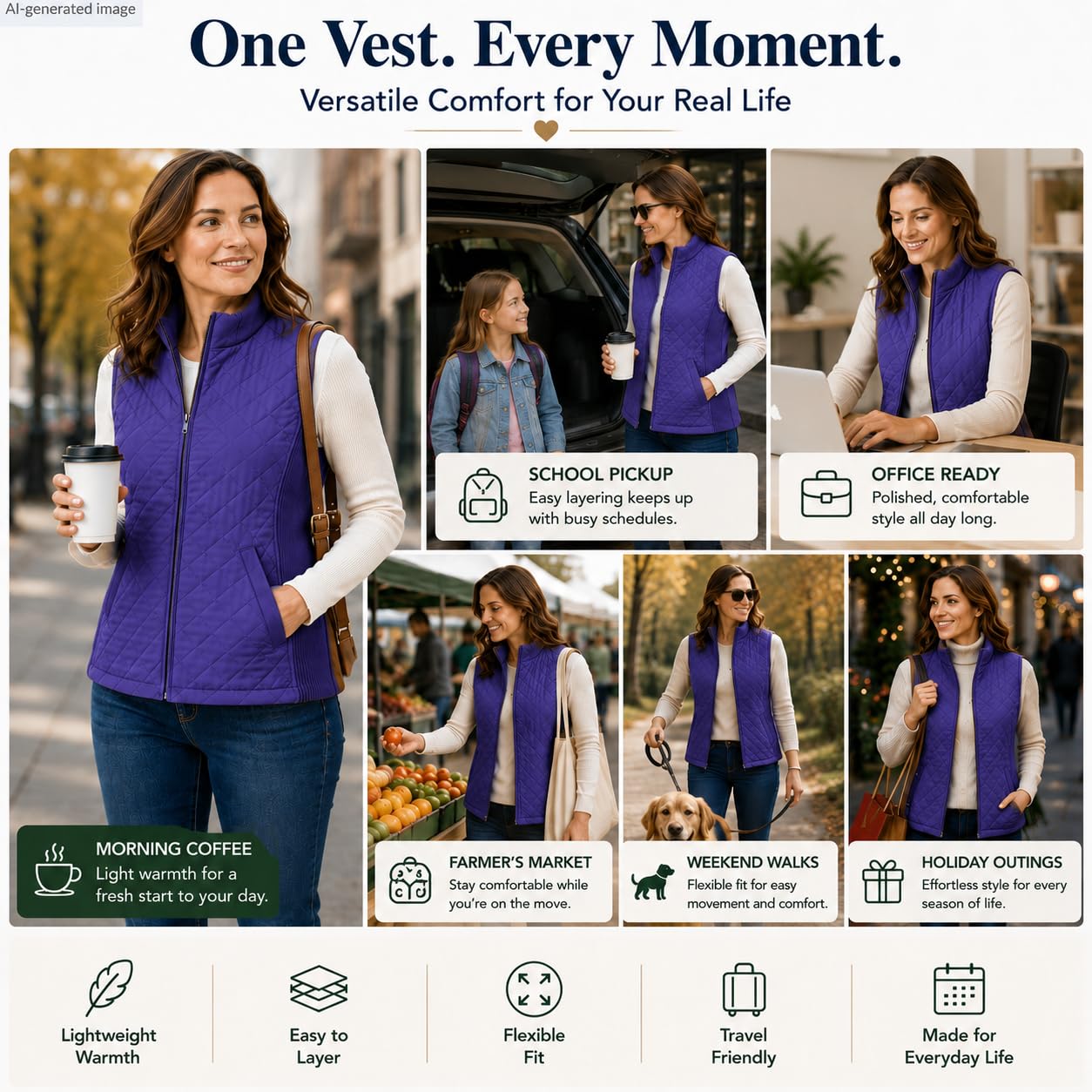 Bienzoe Gilet matelassé décontracté pour femme : veste légère et pliable sans manches, violet, 3X-Large