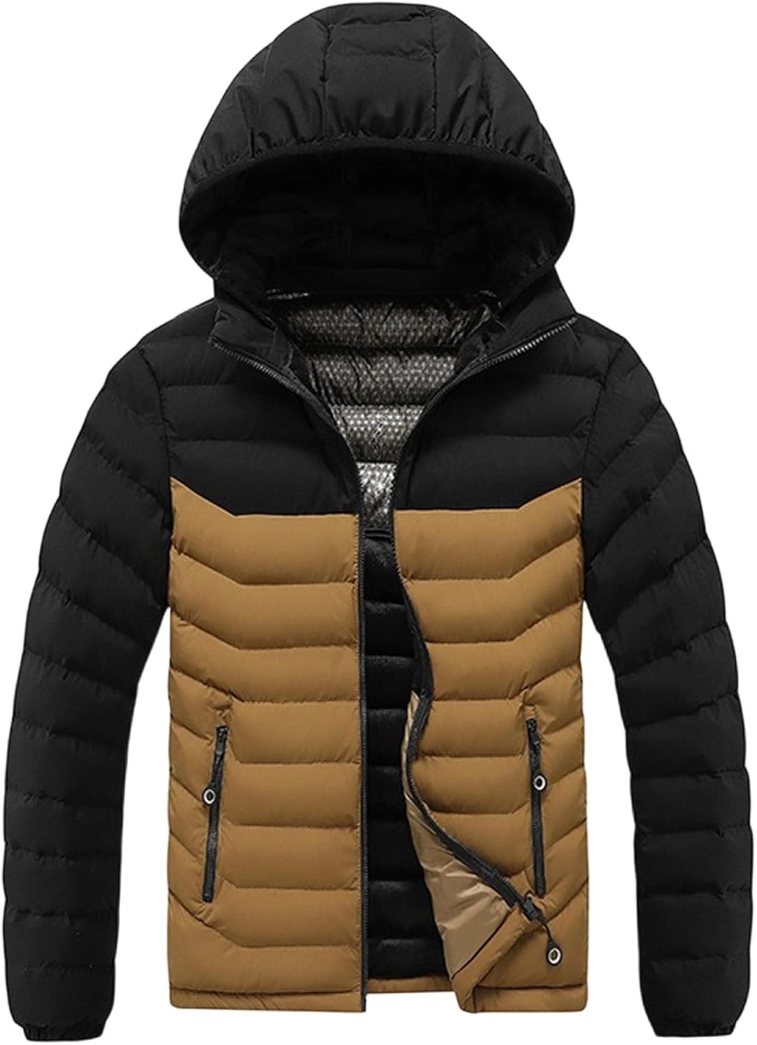 Men Winter Warm Zipper Down Coat Detachable Hooded Fashion Puffer Jacket Outdoor Contrast Color Down Outerwear