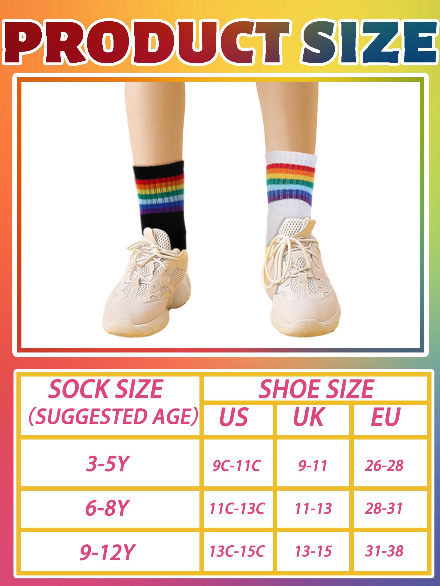 Fourluoo 6 pares de calcetines deportivos de algodón para niños de 3 a 12 años (3 a 5 años), Color del arco iris, 3-5 años