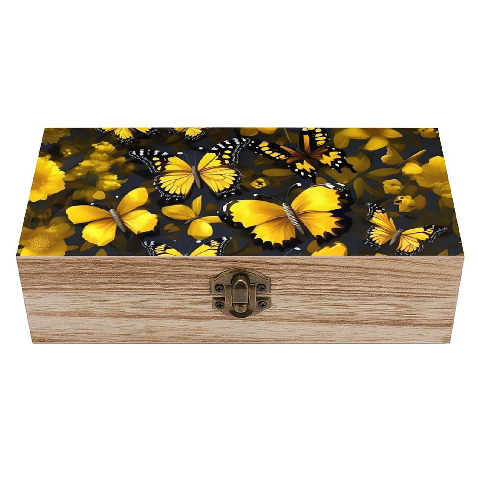 Boîte de rangement en bois à couvercle motif fleurs jaunes
