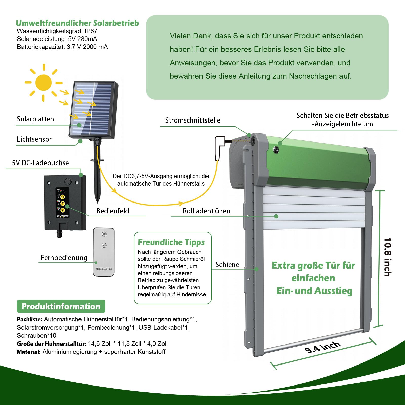 MaxAwe Automatische Hühnerklappe Solar, Aluminum Hühnerstalltür Automatisch, Lichtsensor, Timer, Intelligenter Einklemmschutz Elektrische Hühnerklappe, Hühnertür mit Fernbedienung