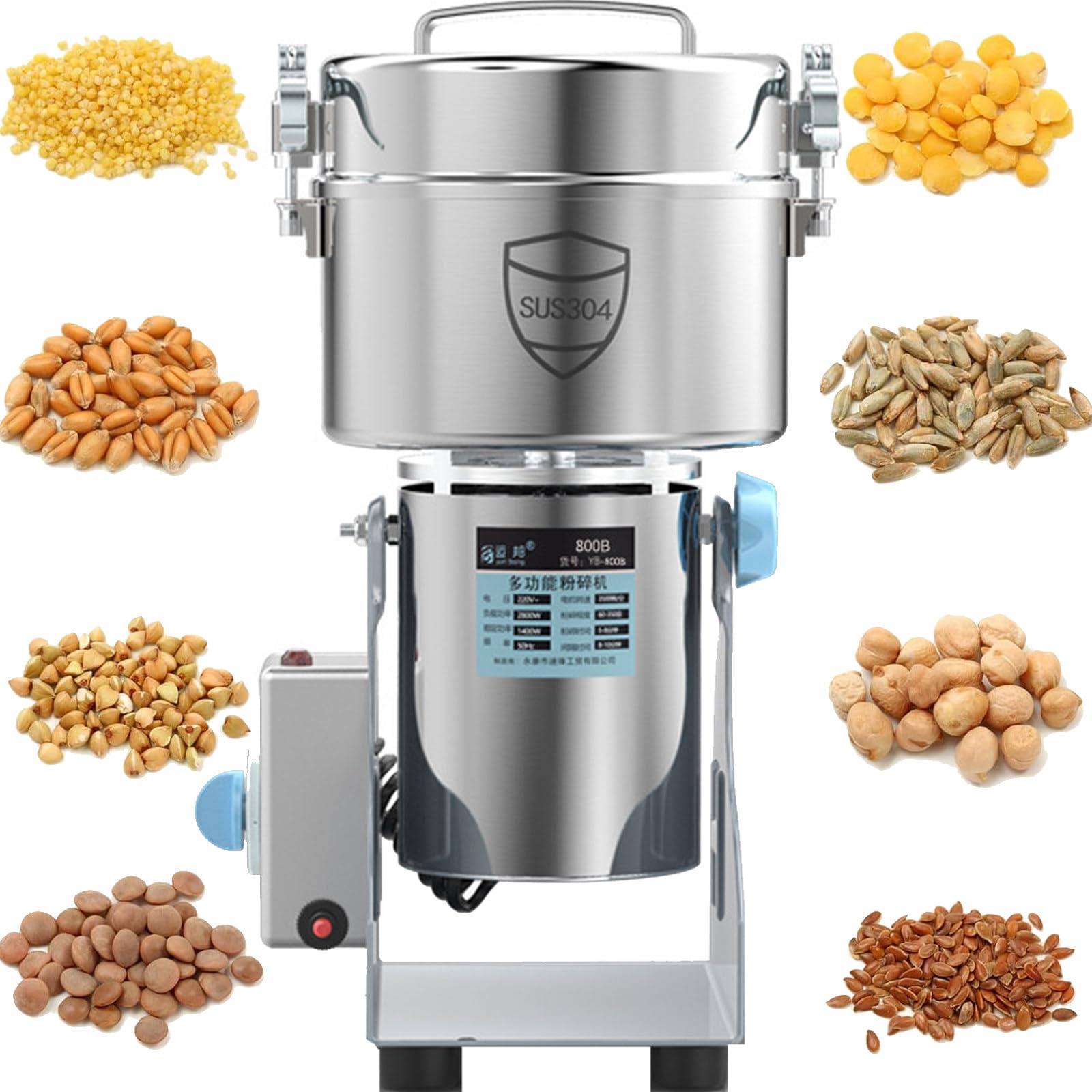 Molino eléctrico Grano 1500-4500 g, para Especias, Acero Inoxidable, con protección contra sobrecargas y Temporizador 5 Minutos, para Especias secas, Hierbas, Frutos Secos y café. 2000g