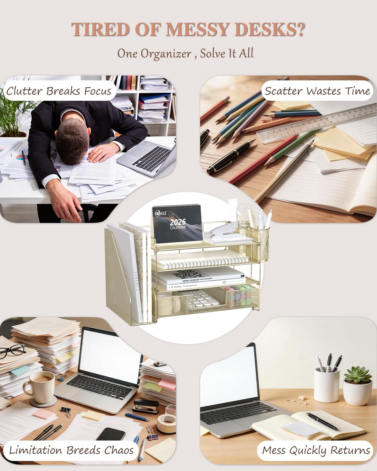 WALI Desk File Organizer, 4 Tier Desktop Paper Letter Tray Organizer with Drawer and 2 Pen Holders, Office Desk Accessories & Workspace Organizers for Office, Home, School Supplies, 1 Pack, Gold view 2