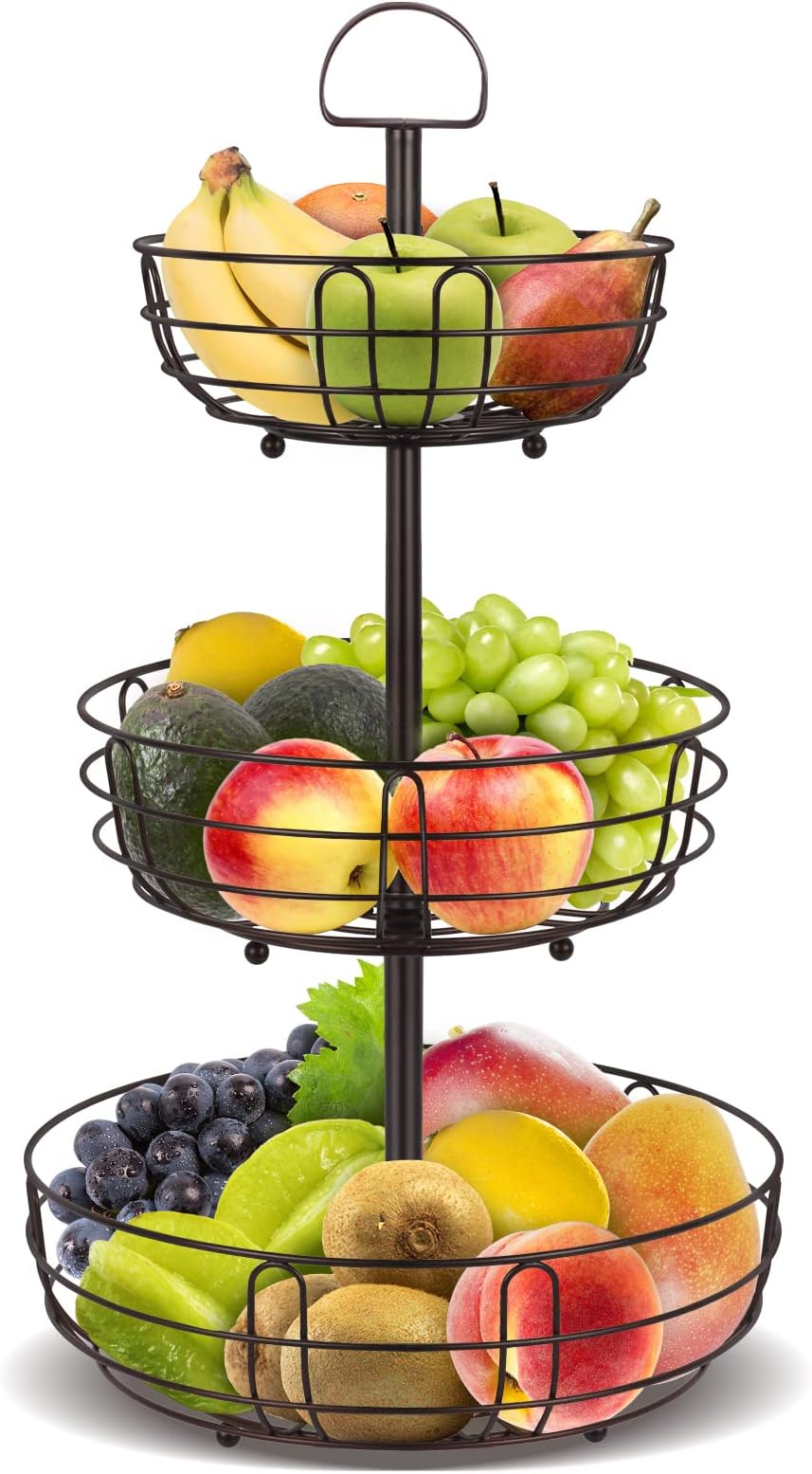 3 Tier Fruit Bowl - Detachable Vegetable Basket - Kitchen Countertop Fruit Rack - Large Metal Tiered Storage Stand for Veg Snacks Breads - Bronze