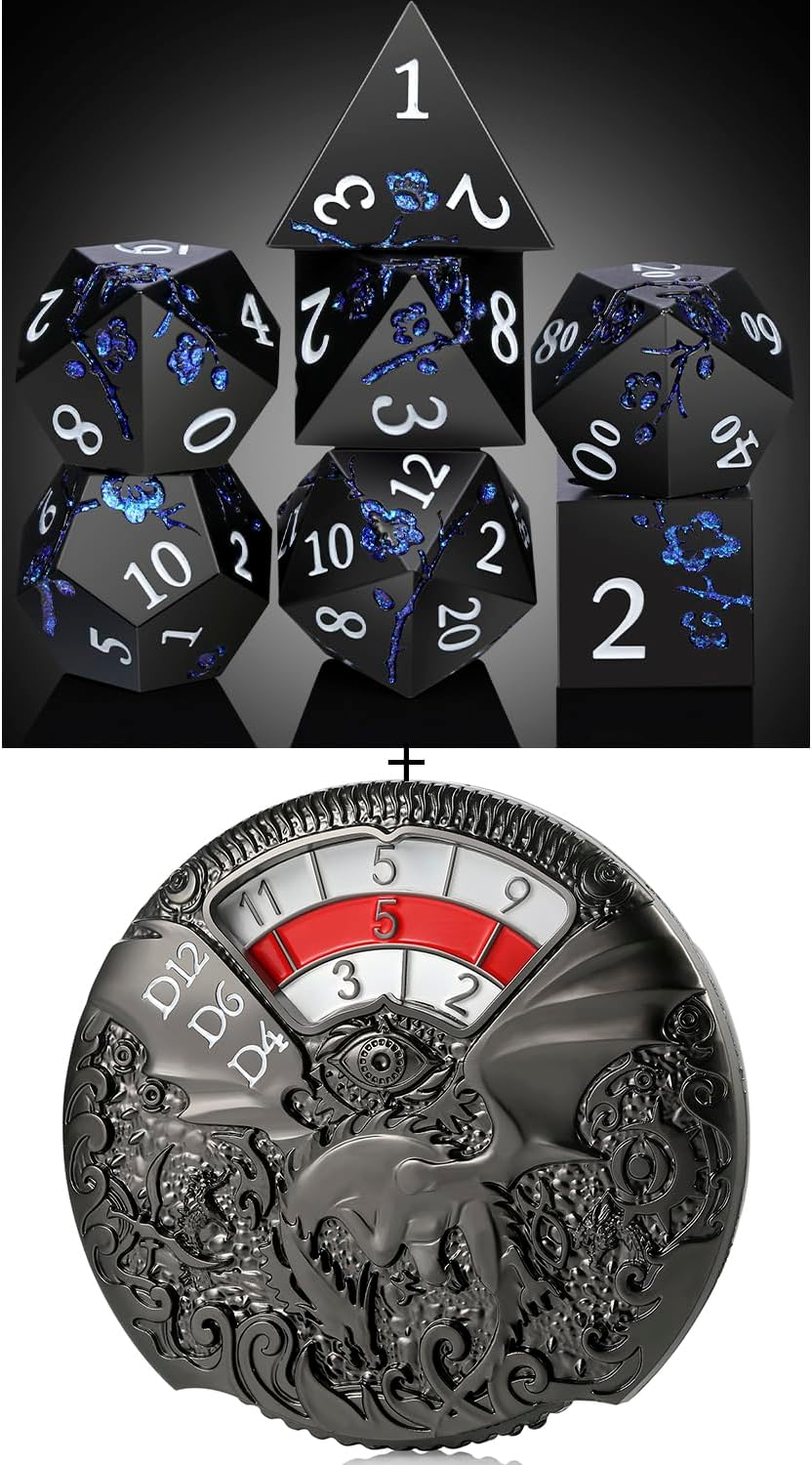 DNDND Glitter Blue D&D Metal Dice & DNDND Roulette Spinner Dice