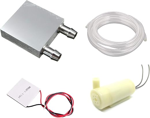 INVENTO 1Pcs Peltier Aluminum Water Cooling Block + 12715 Peltier Module + 7mm PVC Tube Clear Flexible Pipe + 3V – 12V DC Submersible Pump Horizontal