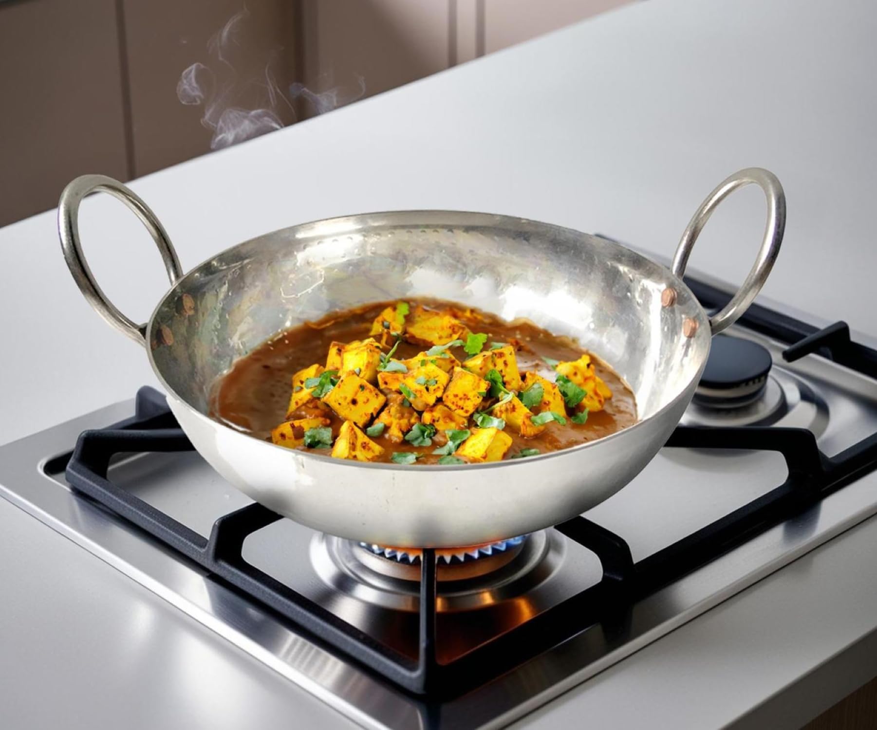 Incredia Stainless Steel Kadai with Handle 2000 Ml, Silver- Heavy Bottom Hammered Cookware, Kitchen Kadhai for Cooking/Deep Frying