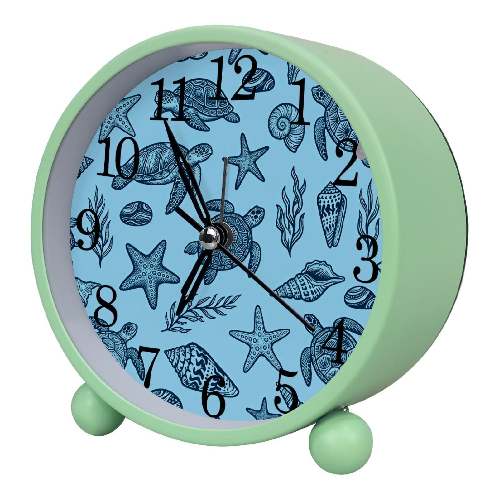 etoenbrc Blue Turtles and Starfish Round Battery Operated Bedside Alarm Clock Non-Ticking Desktop Silent Analog Alarm Clock with Light