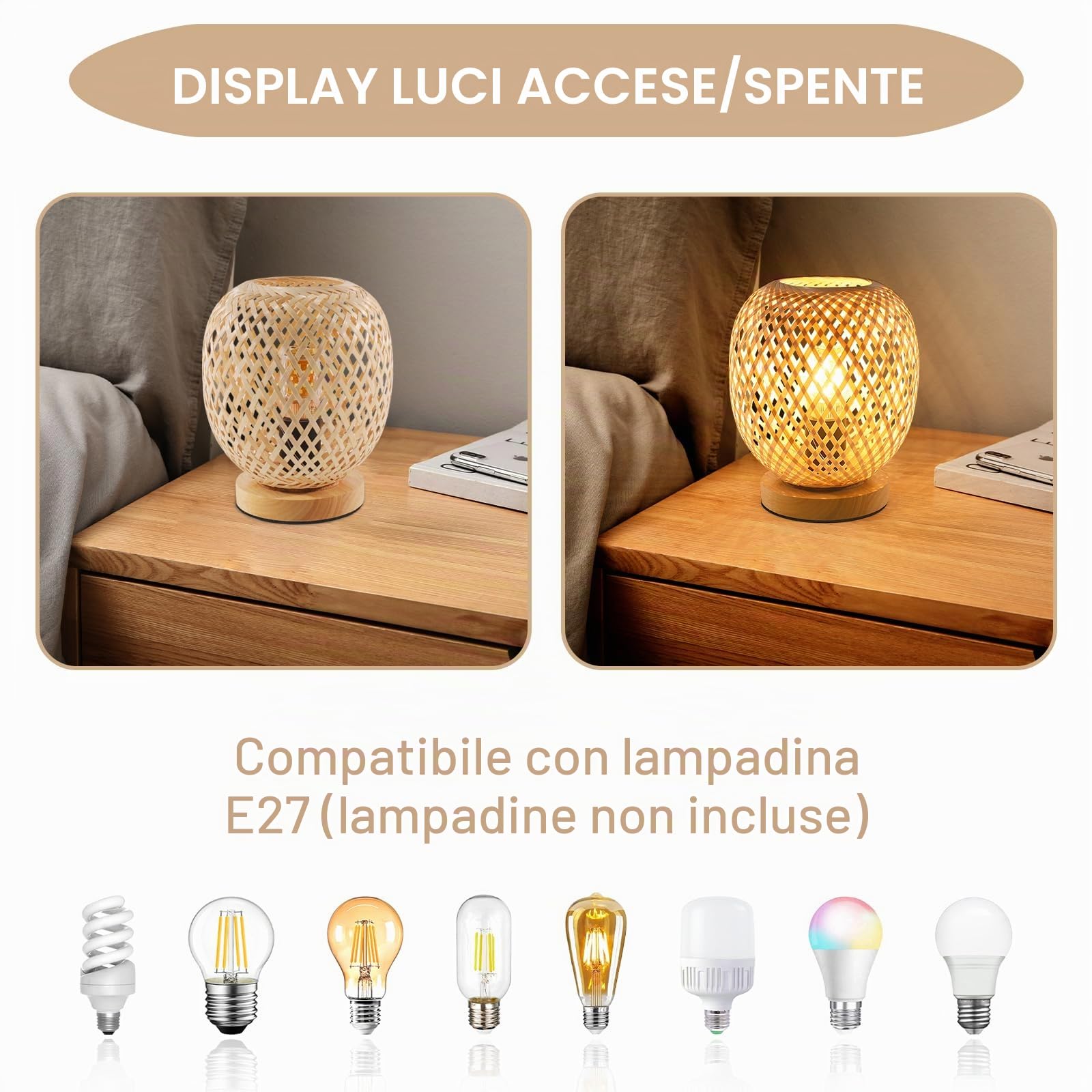 Dorlink Lampada da Tavolo Bambù, E27 Lampada da Scrivania Dimmerabile, Abat Jour da Comodino Vintage, Lampada da Comodino Creativo, Luce Notturna per Camera, Sala Studio (Senza Bulbo)