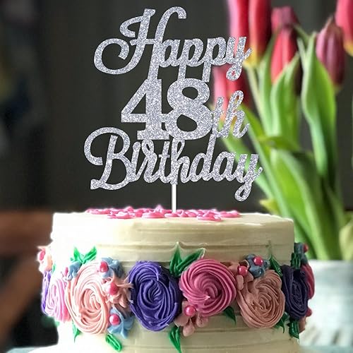 Miniatura 7 de Happy 48th Birthday Cake Toppers Sliver Glitter, Cheers to 48 Years Old Bday Decoration 48th Anniversary Cake Topper, Forty-eight Theme Cake