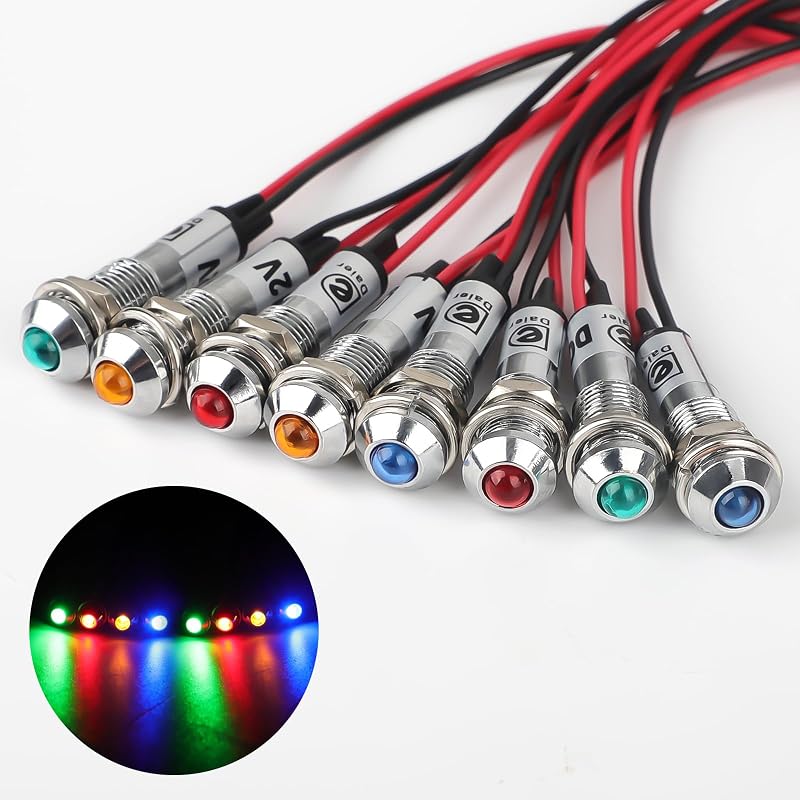 Linkstyle 8mm 12V LED Indicator Light: 8PCS Panel Mount, Waterproof Metal Dash Lighting Signal Lamp for Car RV Truck Boat DIY Electronics, Waterproof