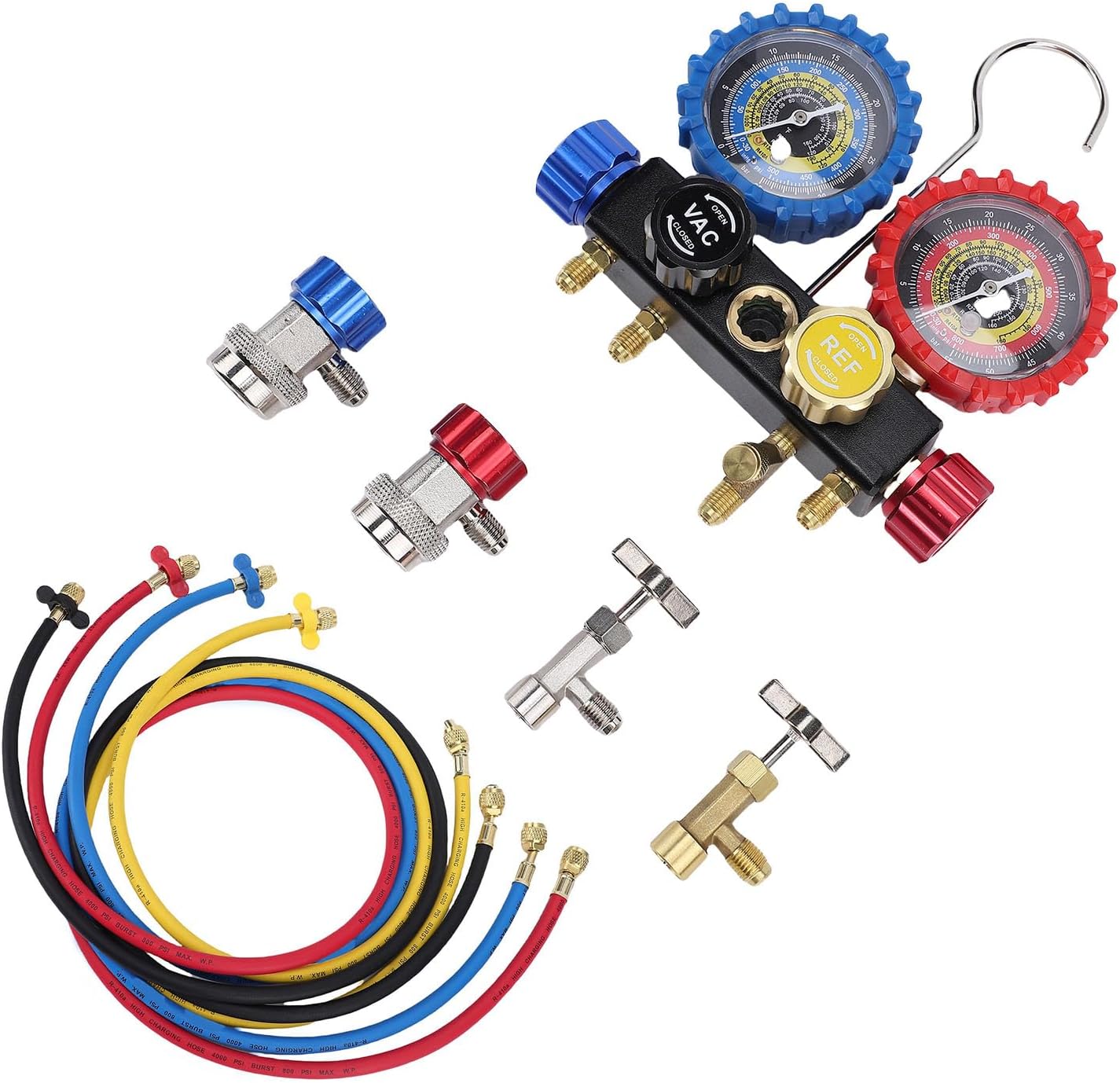 Keenso HVAC Kit, AC Manifold Set with Hoses for R410A R32 R134A R22 Refrigerants with 5FT Hose Safety Valve Adapters Can Tap