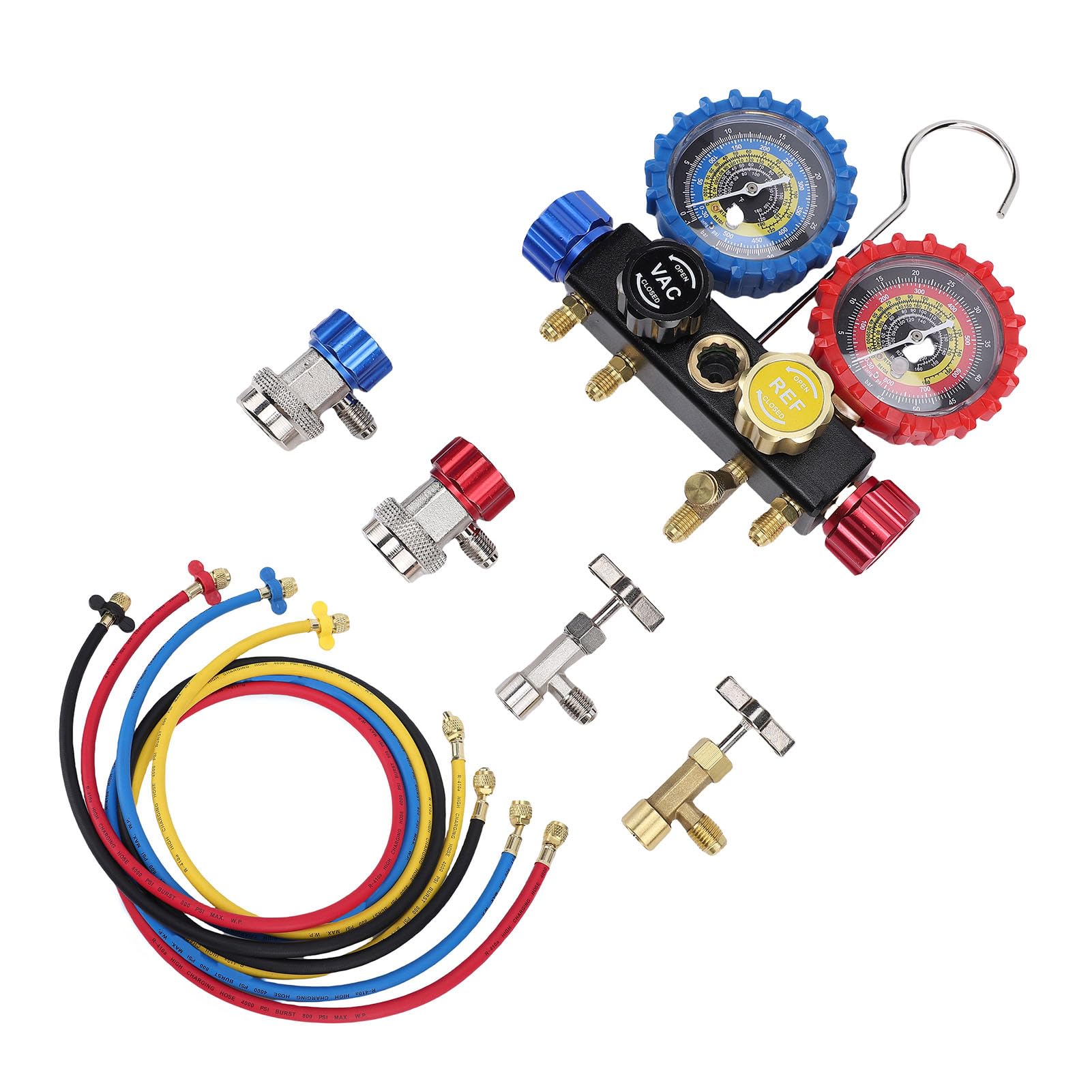 Set Manometro AC per Autoveicoli, Kit Manometro HVAC con Valvola di Sicurezza, Ottone |Elevata compatibilità con R410A R32 R134A R22, Set Completo con Flussometro, Manometri Accurati da