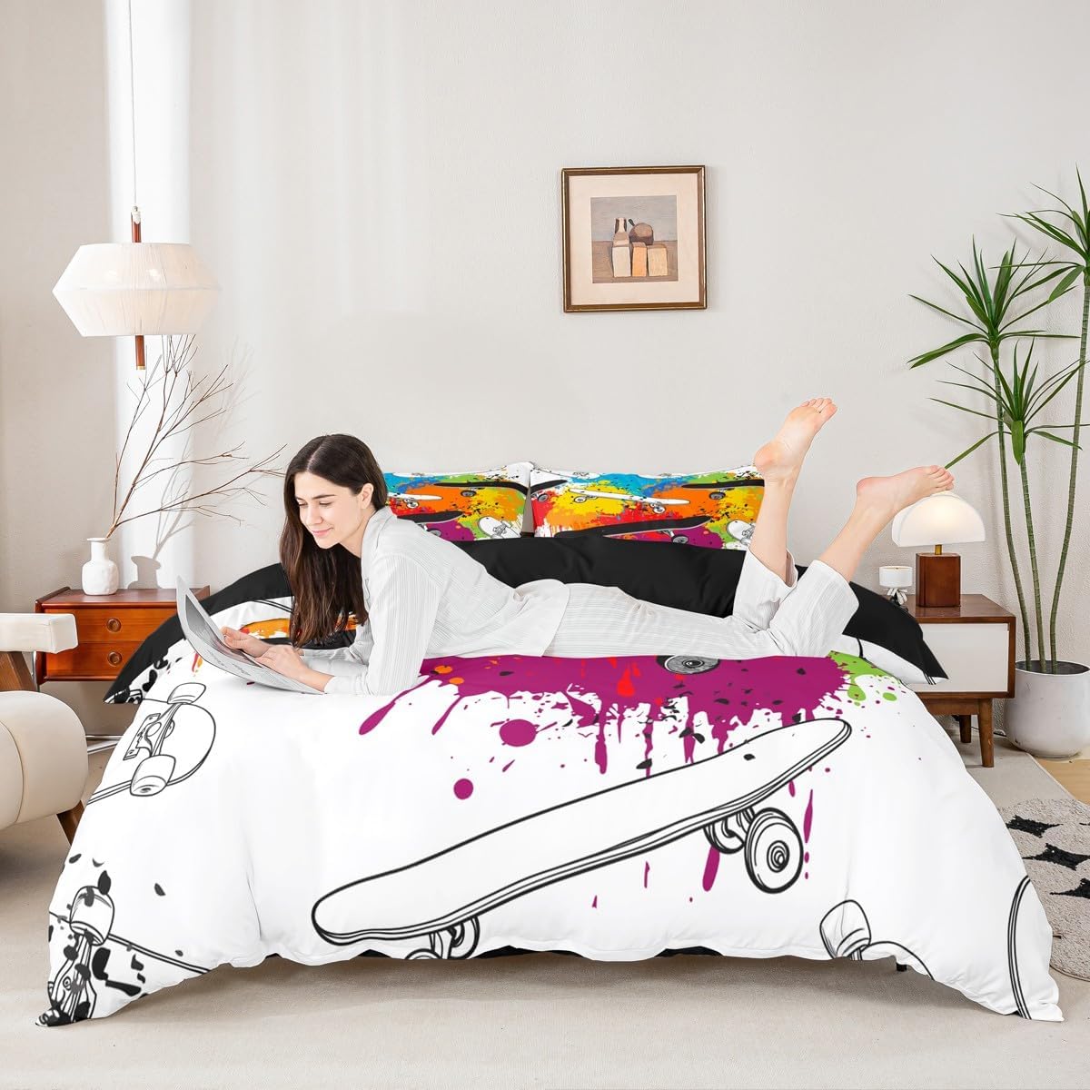 Erosebridal Boys Skateboard Duvet Cover, Tie Dye Comforter Cover King Size for Kids Girls Teens Bedroom, Extreme Sport Bedding Set Grunge Style Watercolour Bedspread Cover with 2 Pillow Cases