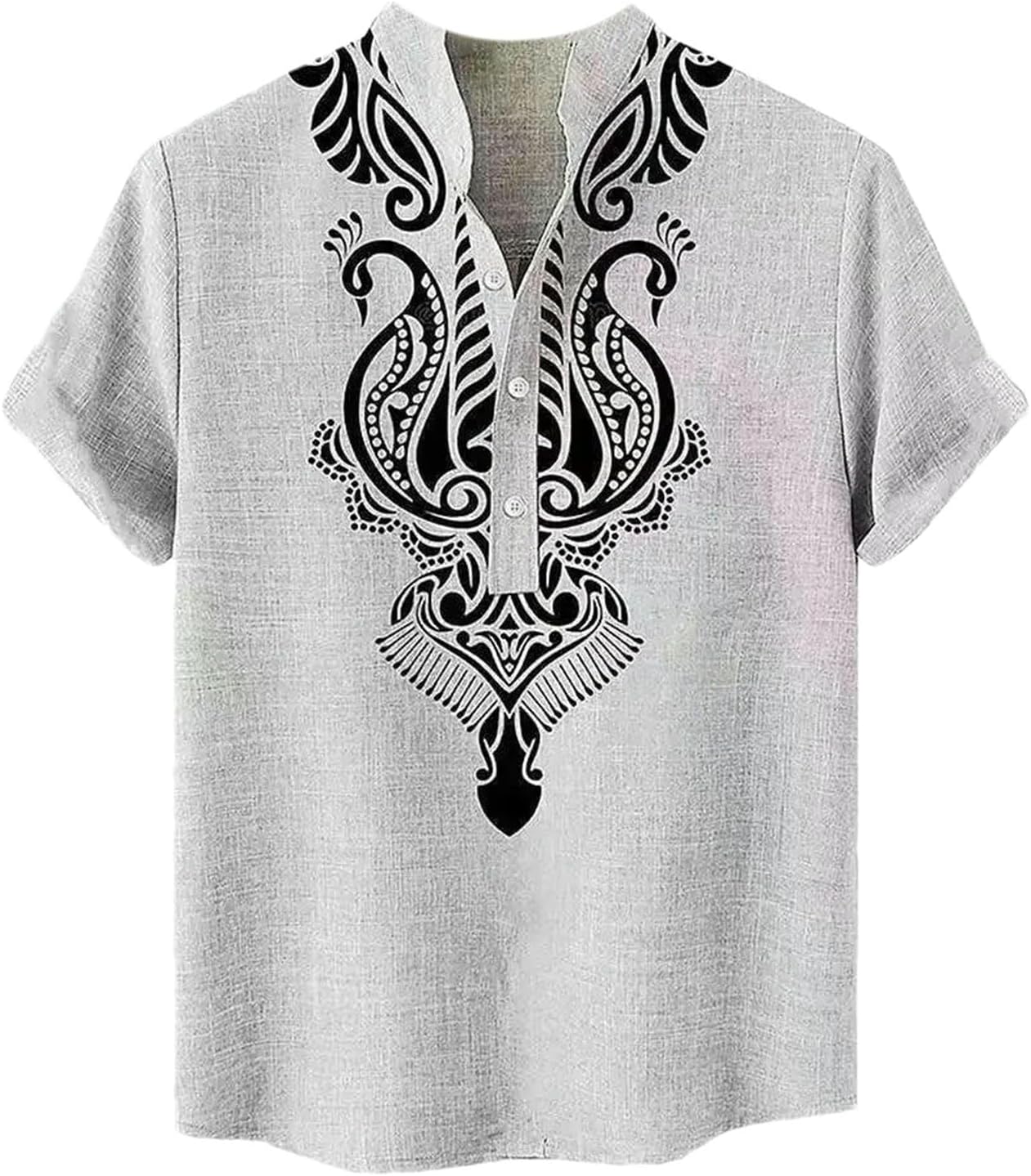 Men's Short Sleeve Half Tops Pullover Cardigan Button Stand Collar Solid Color Half Collar Vintage Shirt