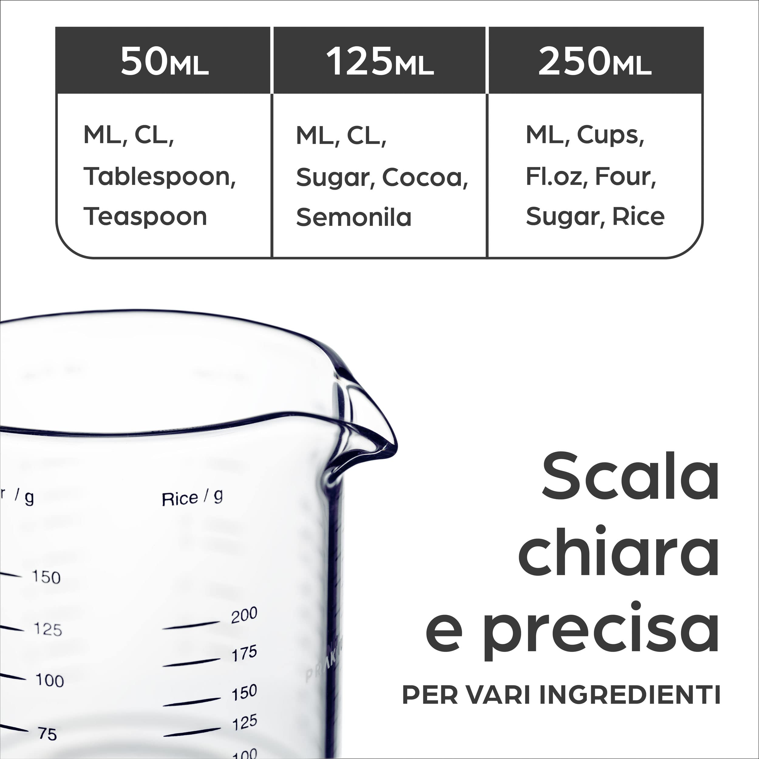 Praknu Brocca Graduata in Vetro - 50ml, 125ml, 250ml - Scala Precisa - Impilabile - Resistente al Calore e al Microonde.