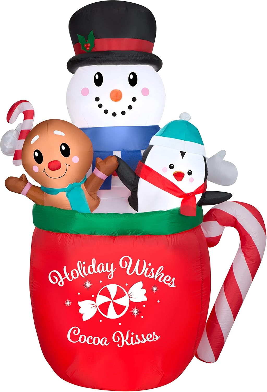 6.5' Gemmy Airblown Snowman, Penguin, Gingerbread Man in Hot Cocoa Mug