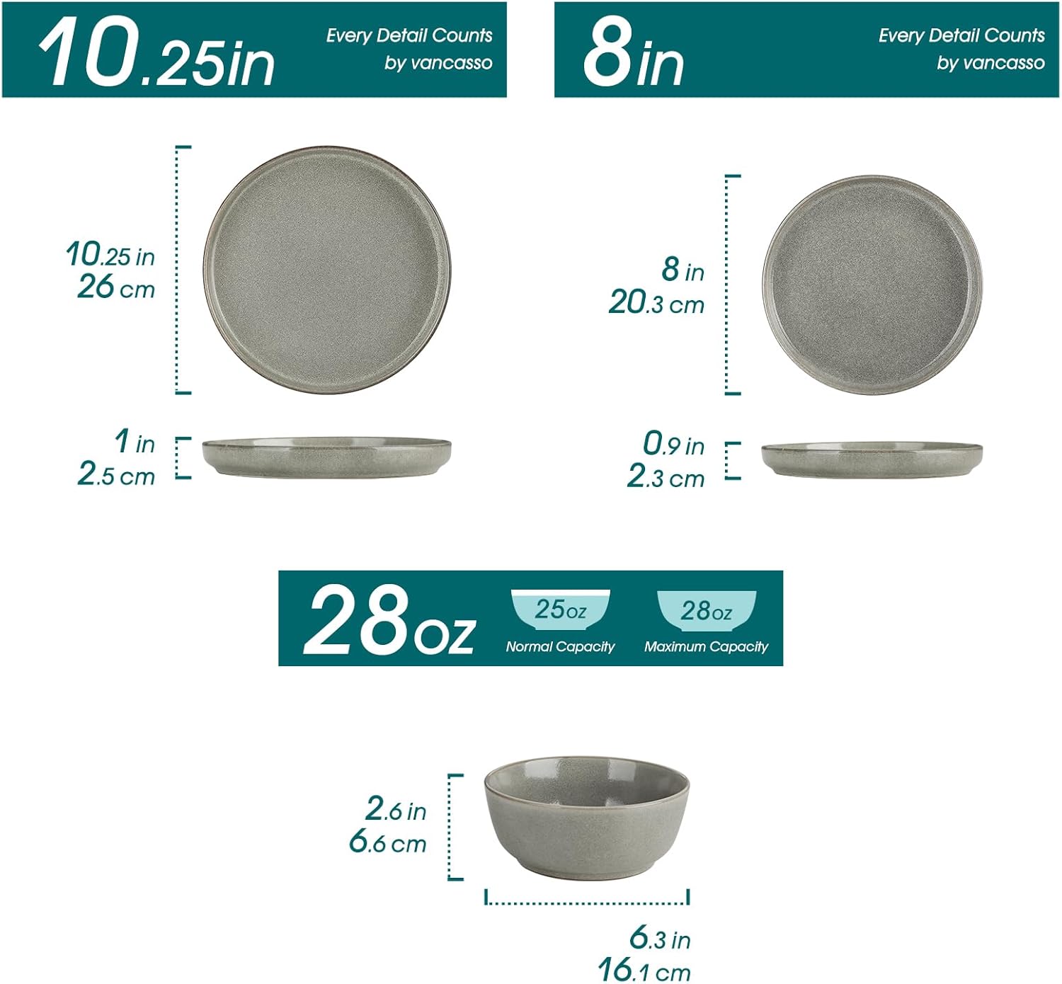 vancasso ANYA 24 Pieces Plates and Bowls Set, Stone Grey Dinnerware Sets, Reactive Glaze Dishes Set for 8, Ceramic Dishware Sets Kitchen Dinner Set, Microwave & Dishwasher Safe - Image 2